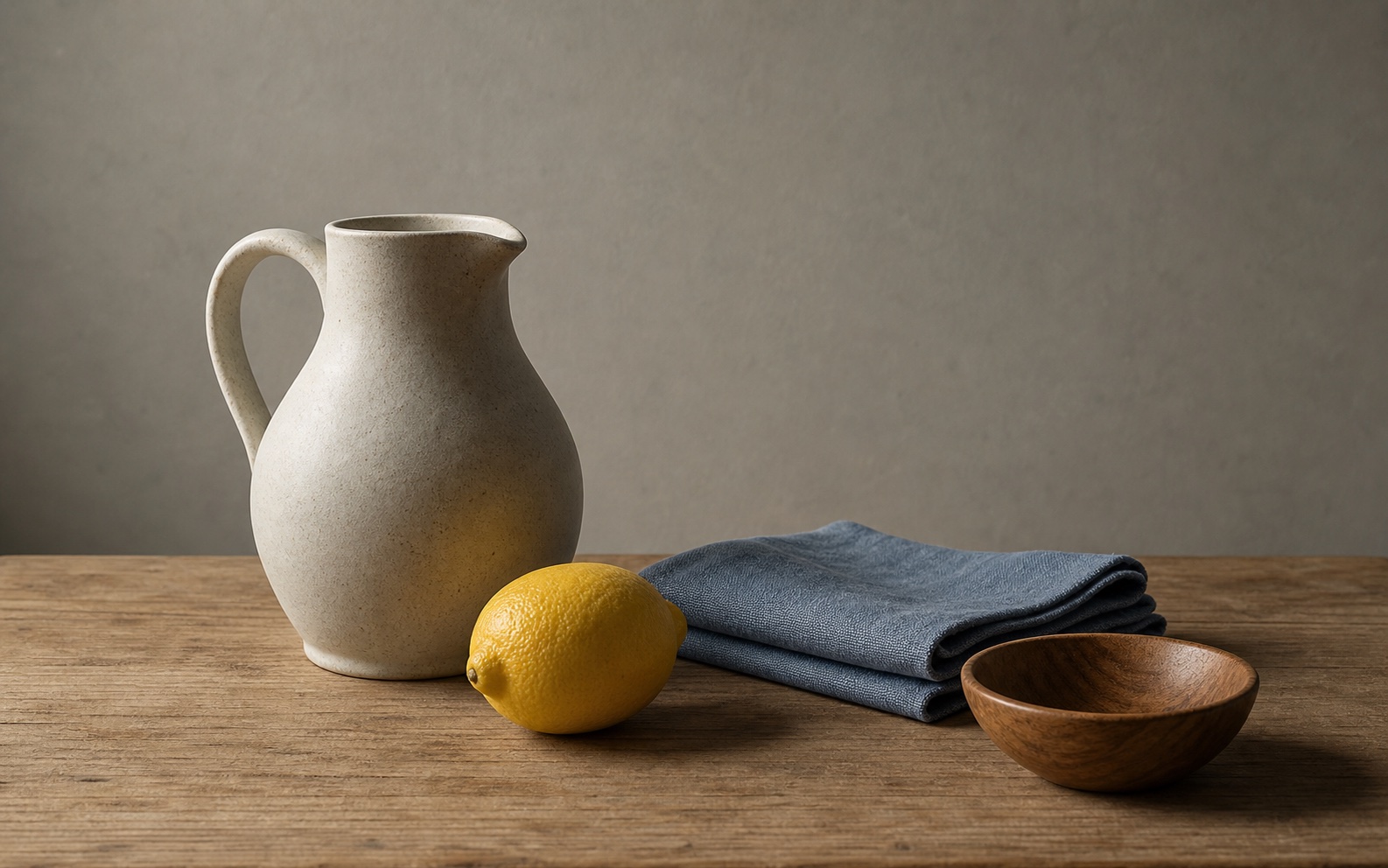 A softly lit still life compared with the same scene rendered as five blue-gray block values.