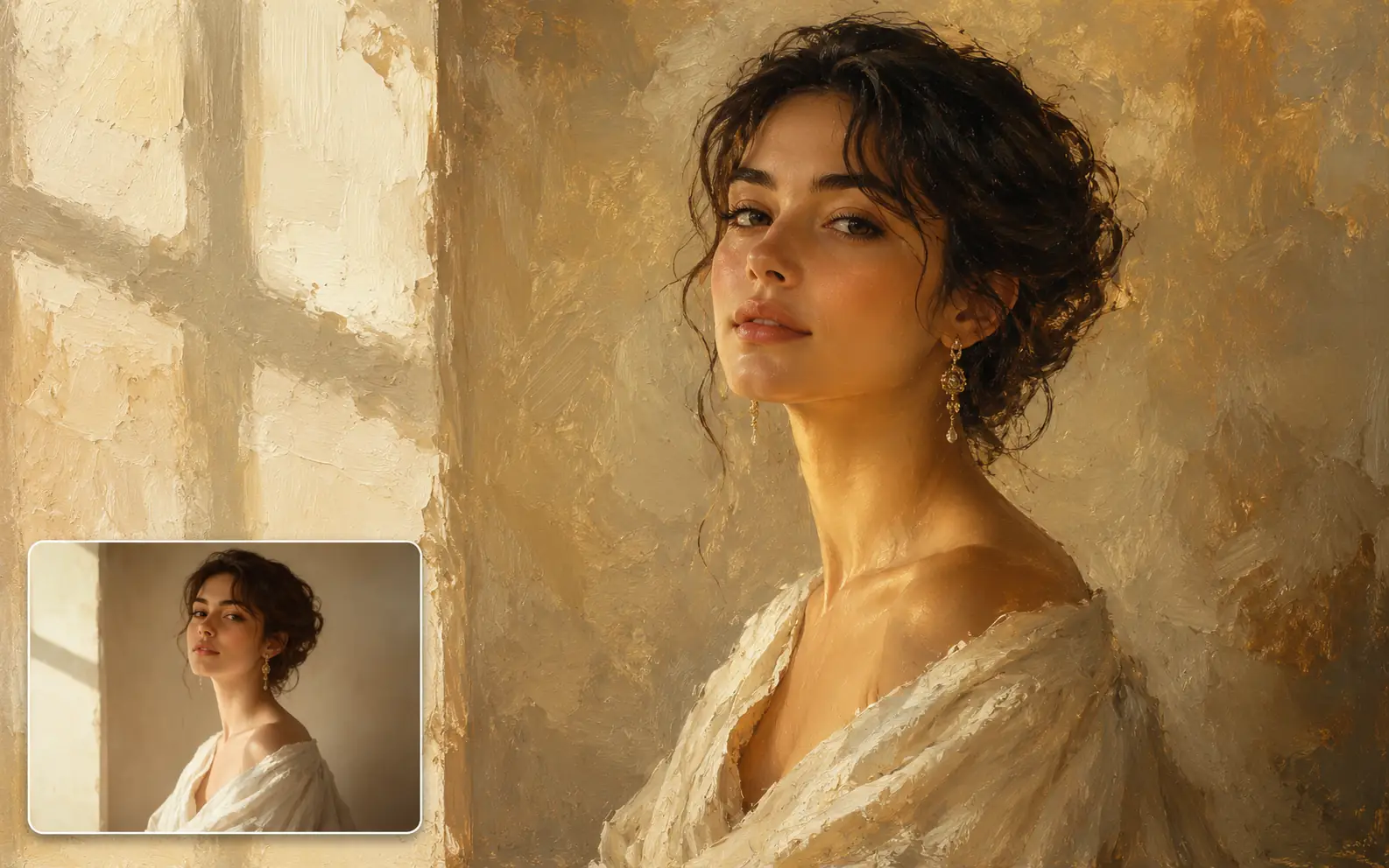 Portrait restyled as a warm oil painting while keeping the same woman and pose.