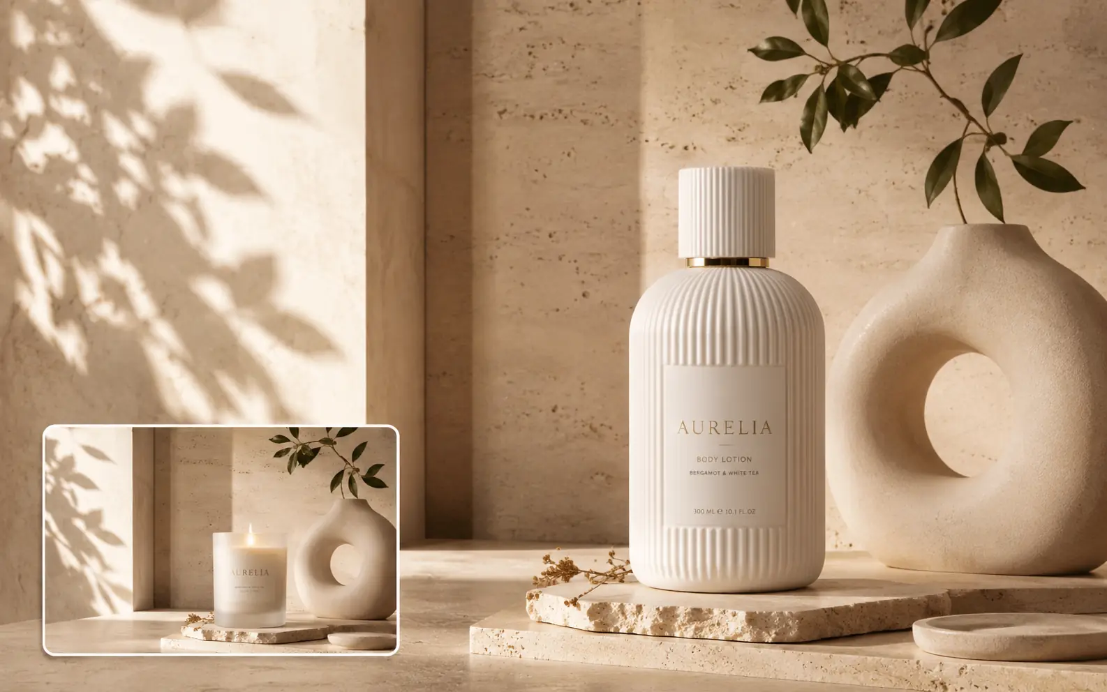 Warm stone still life showing a candle scene transformed into a matching body-lotion product shot.