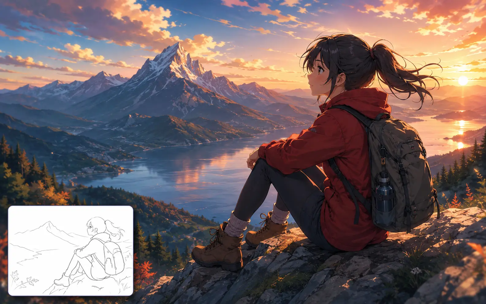 Simple line drawing transformed into a cinematic anime landscape scene.