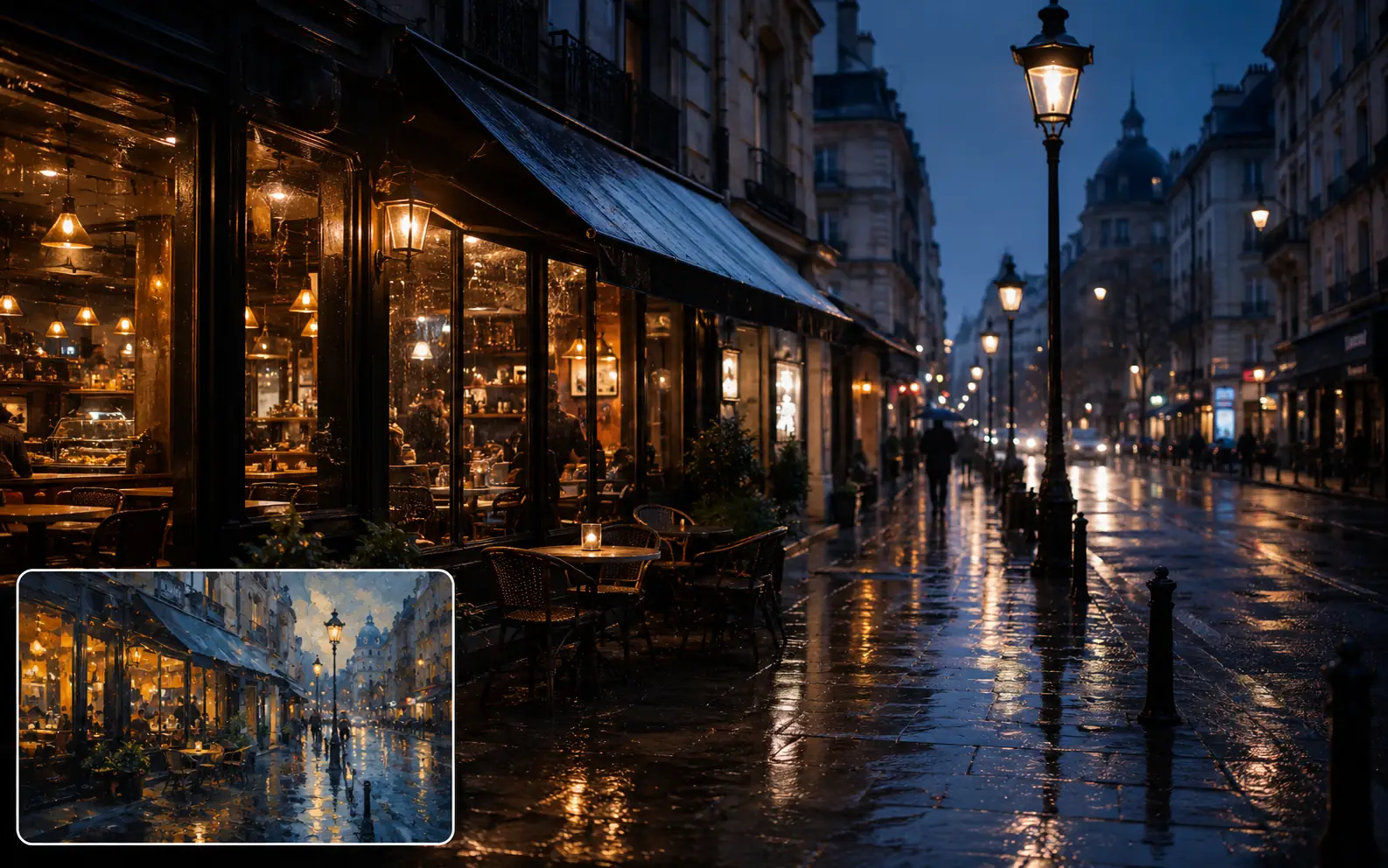 Painterly rainy cafe street transformed into a realistic night city scene.