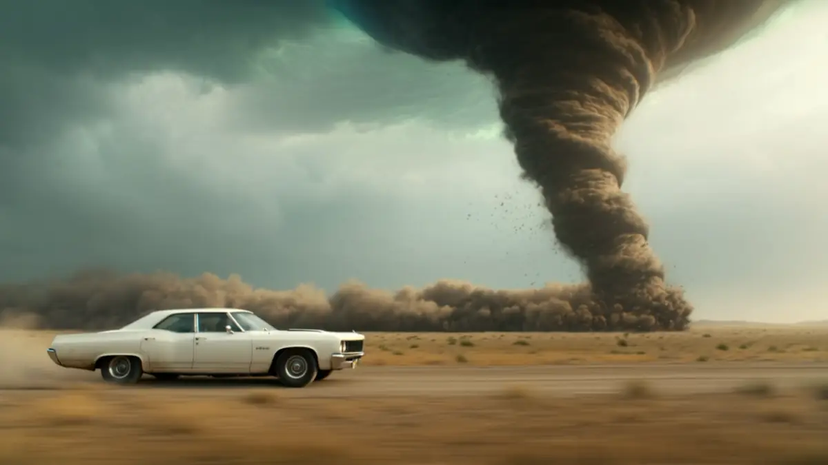 Vintage car racing past a desert tornado preview
