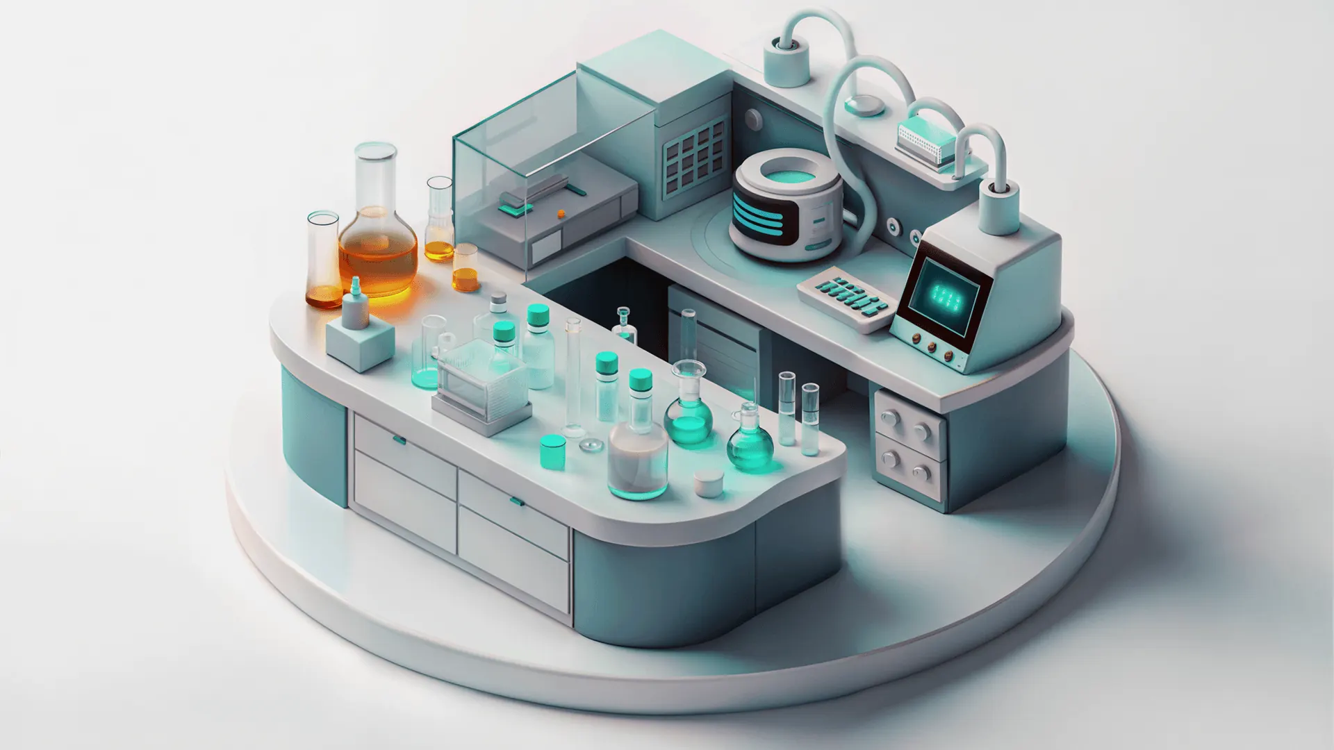 Before-and-after comparison of a low-resolution lab illustration enlarged with cleaner equipment, glassware, and scene detail. result