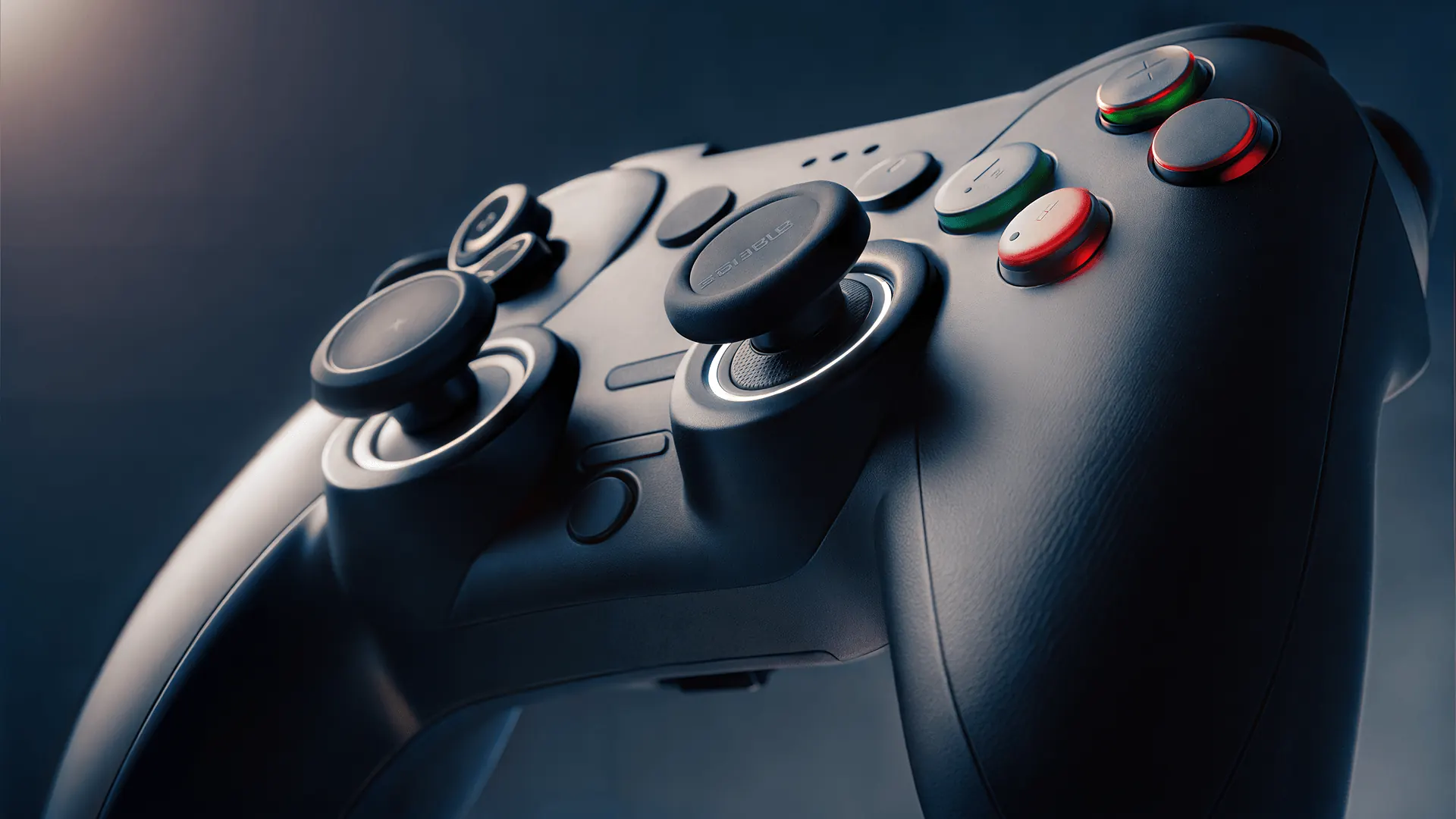 Before-and-after comparison of a game controller close-up enlarged with clearer buttons, edges, and surface detail. result