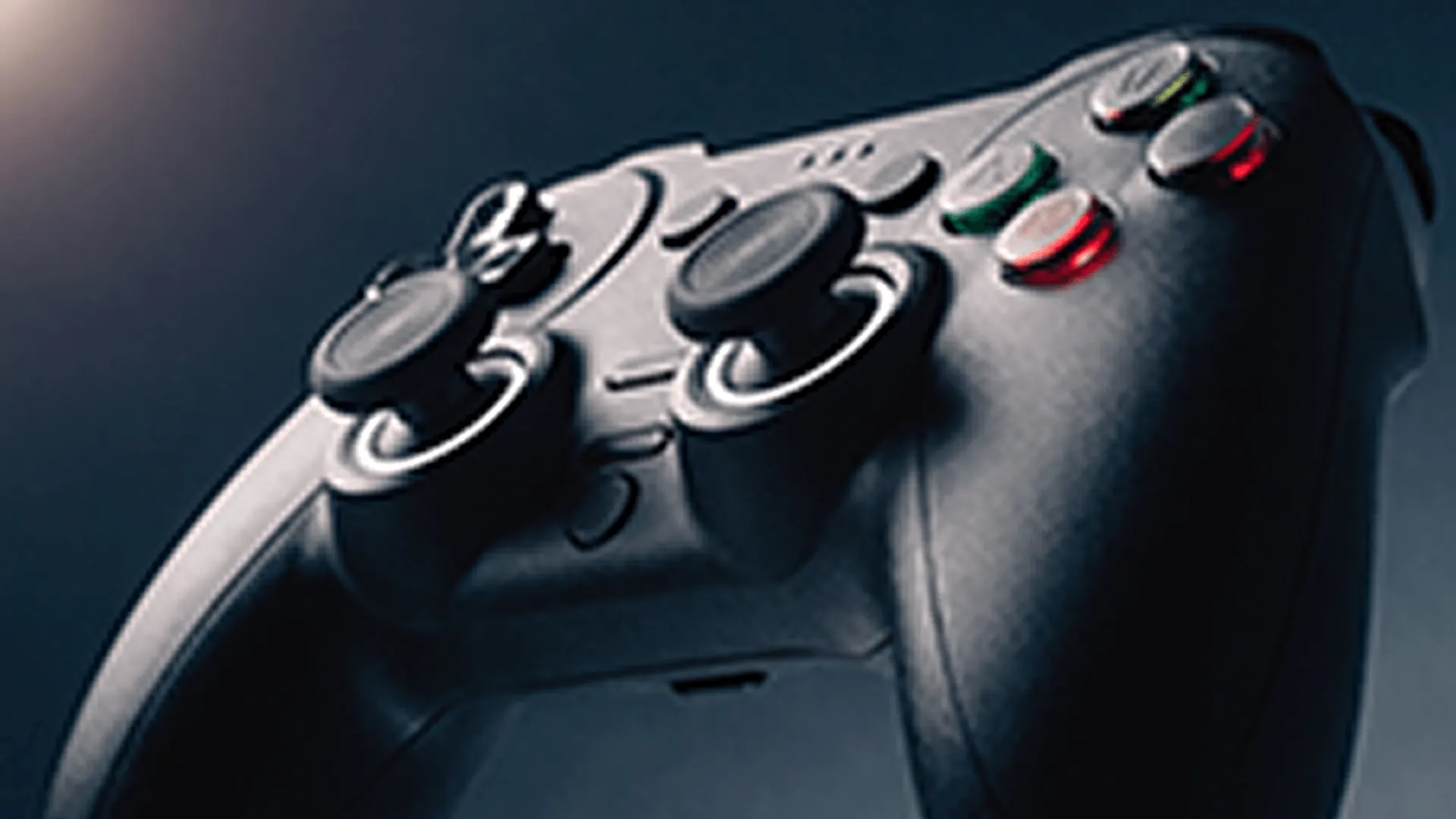 Before-and-after comparison of a game controller close-up enlarged with clearer buttons, edges, and surface detail.