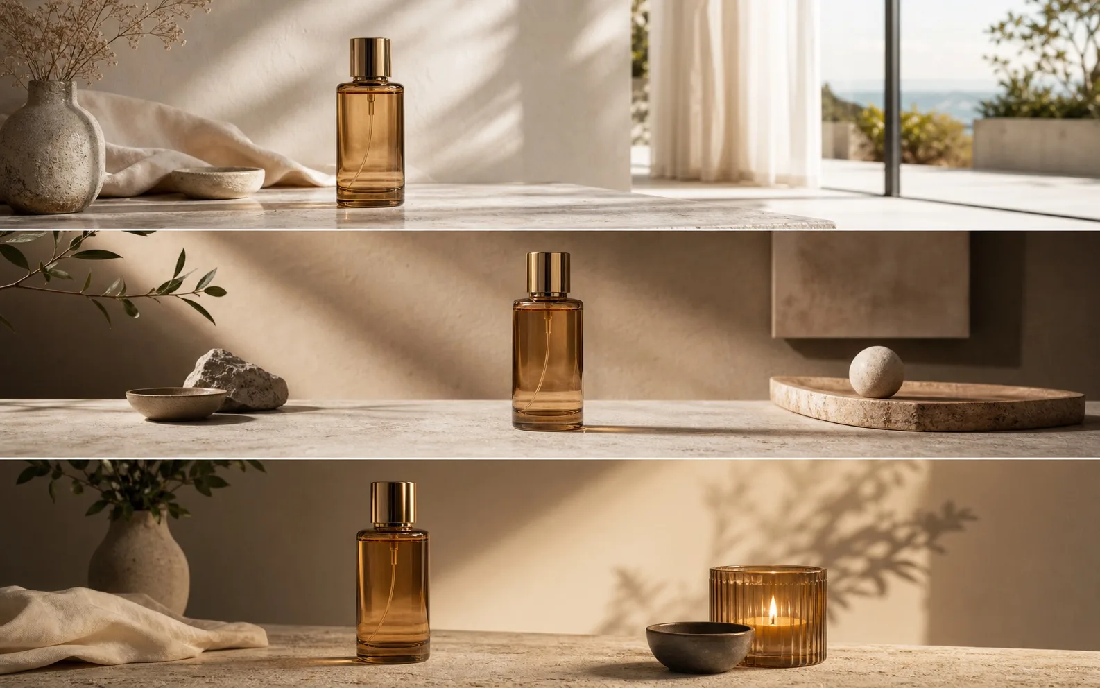 Product subject shown across three generated scene variations from the same reference direction.