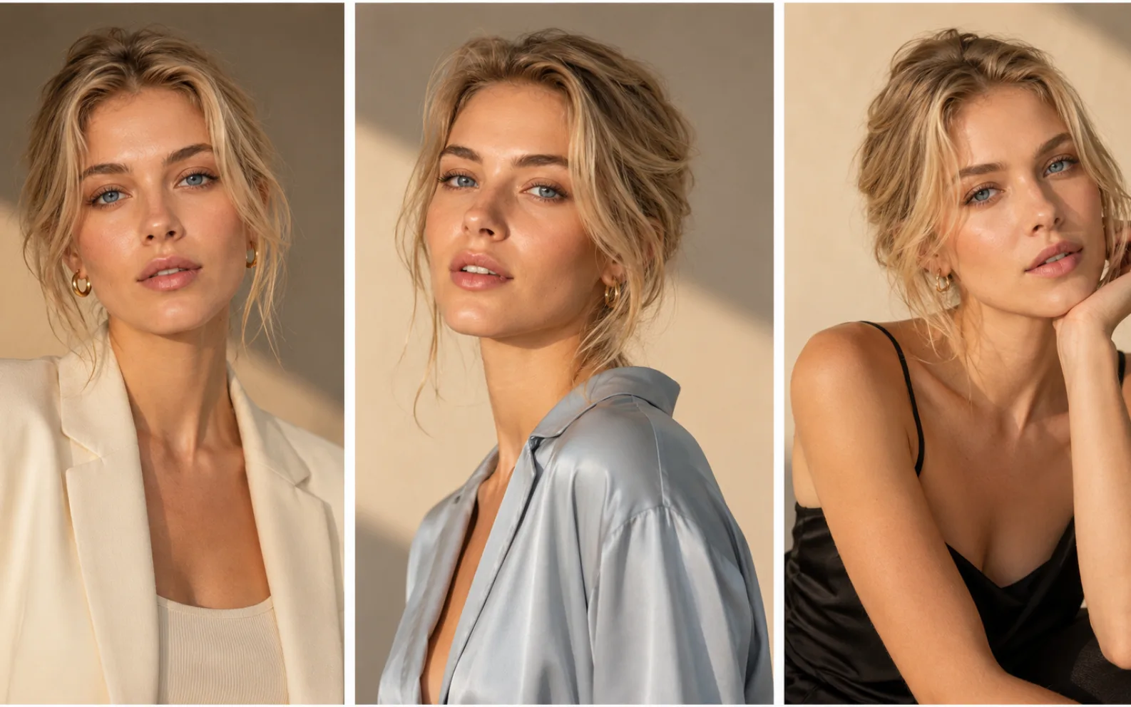 Fashion subject shown across three generated image variations from the same reference direction.