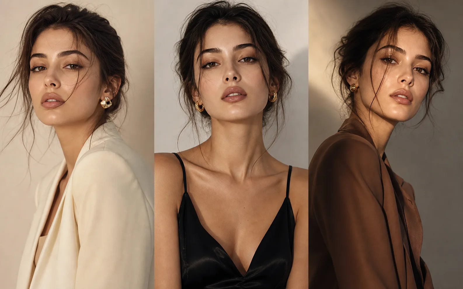 Three related fashion portrait variations generated from the same reference direction.