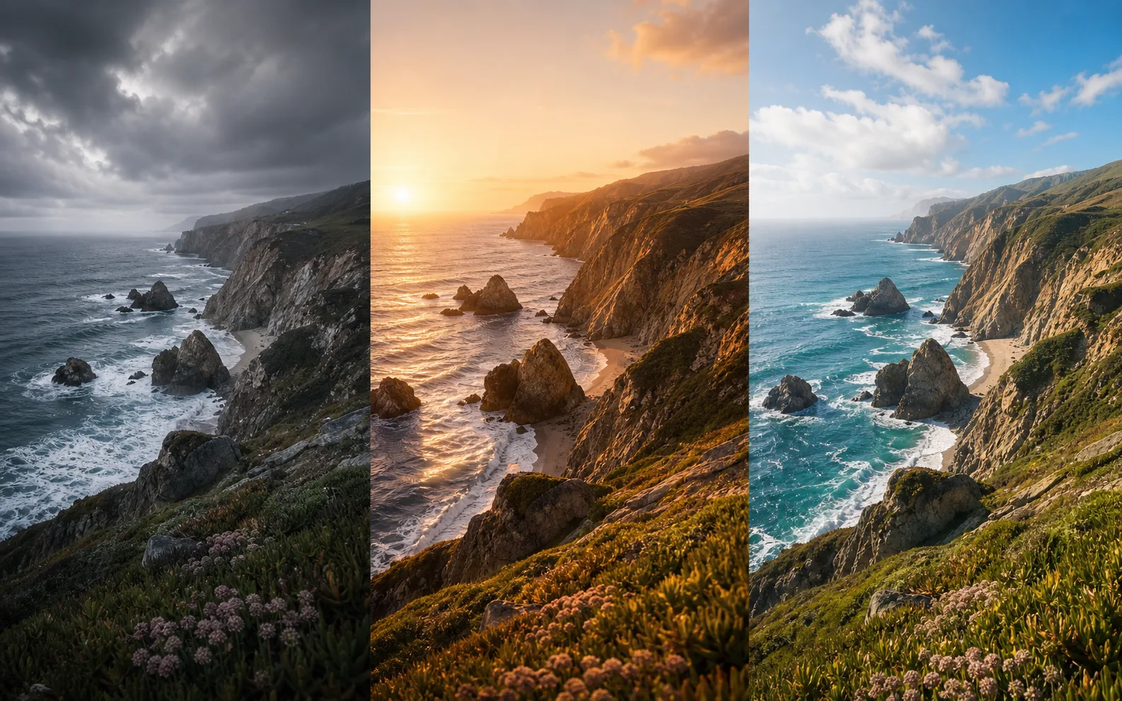 Three related coastal landscape variations with different atmosphere and lighting.