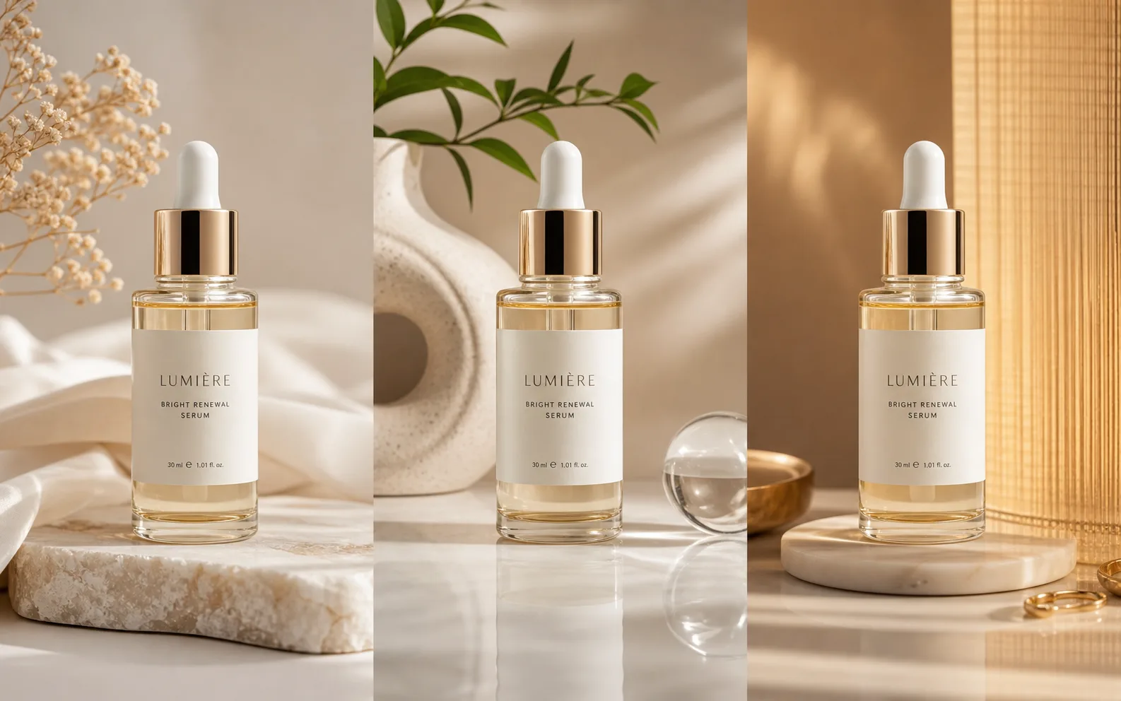 Three related skincare product scene variations generated from one product concept.