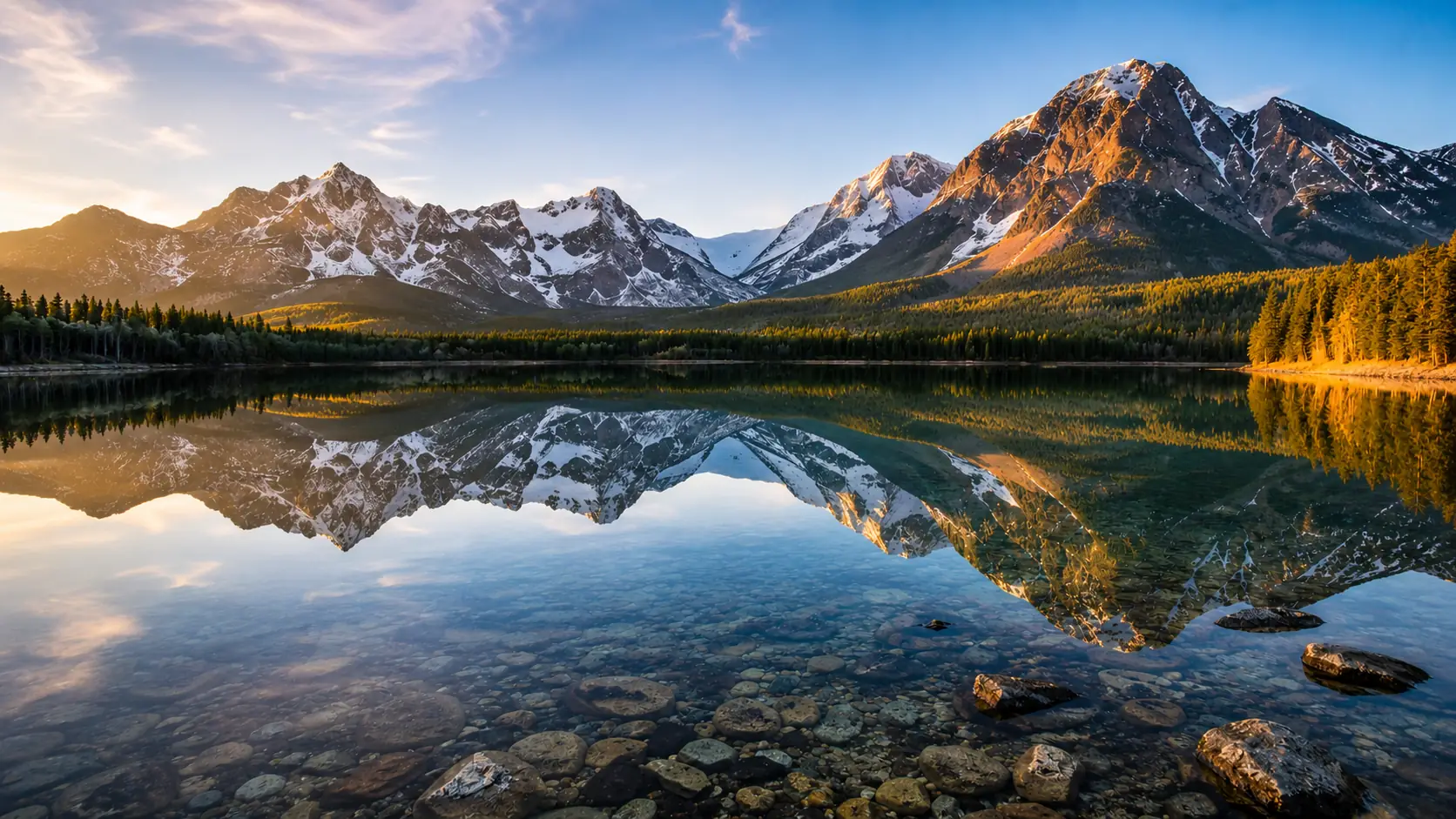 Before-and-after comparison of large stock photo text removed from a mountain lake image. result