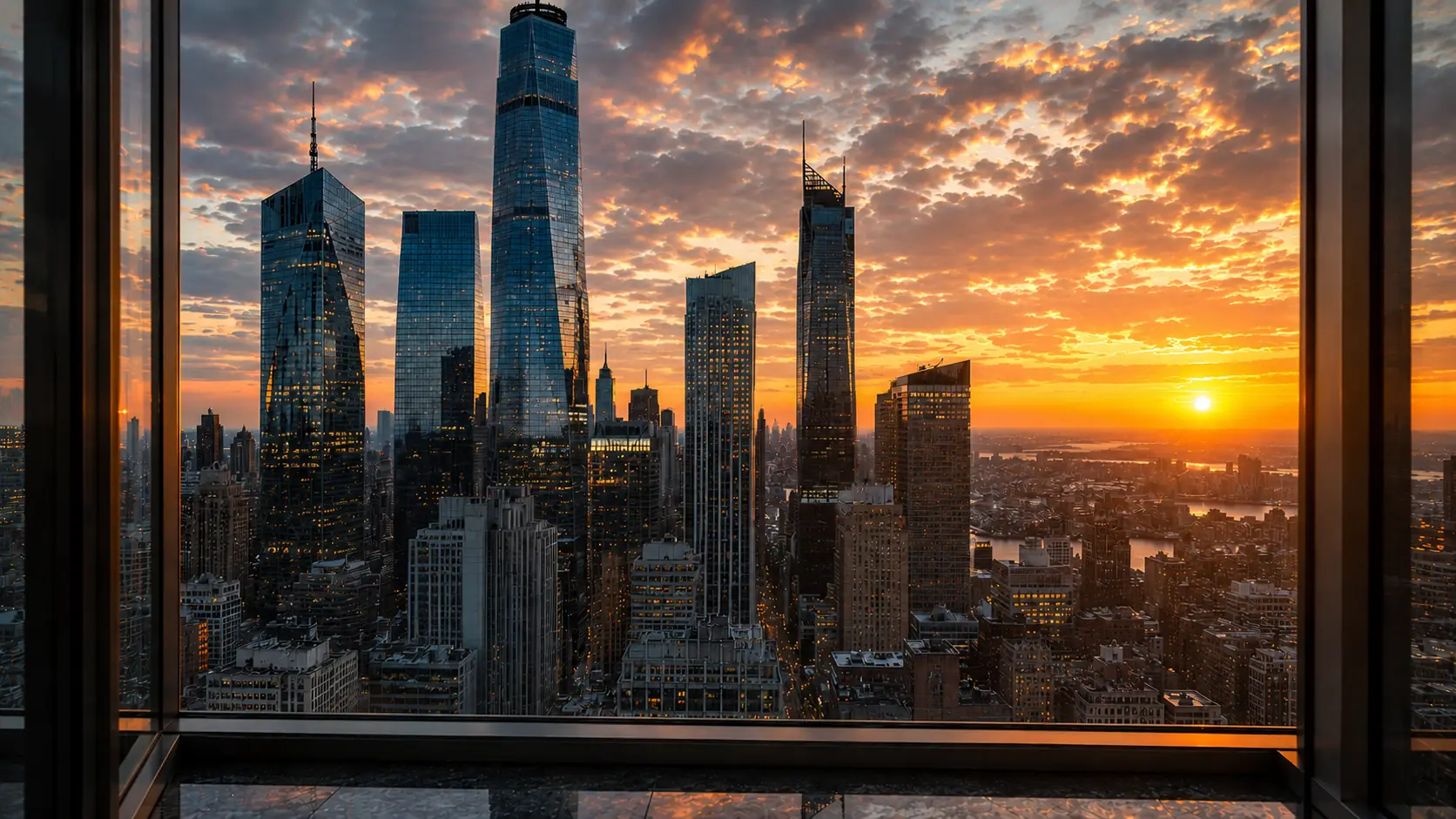 Before-and-after comparison of stock photo text removed from a city skyline at sunset.