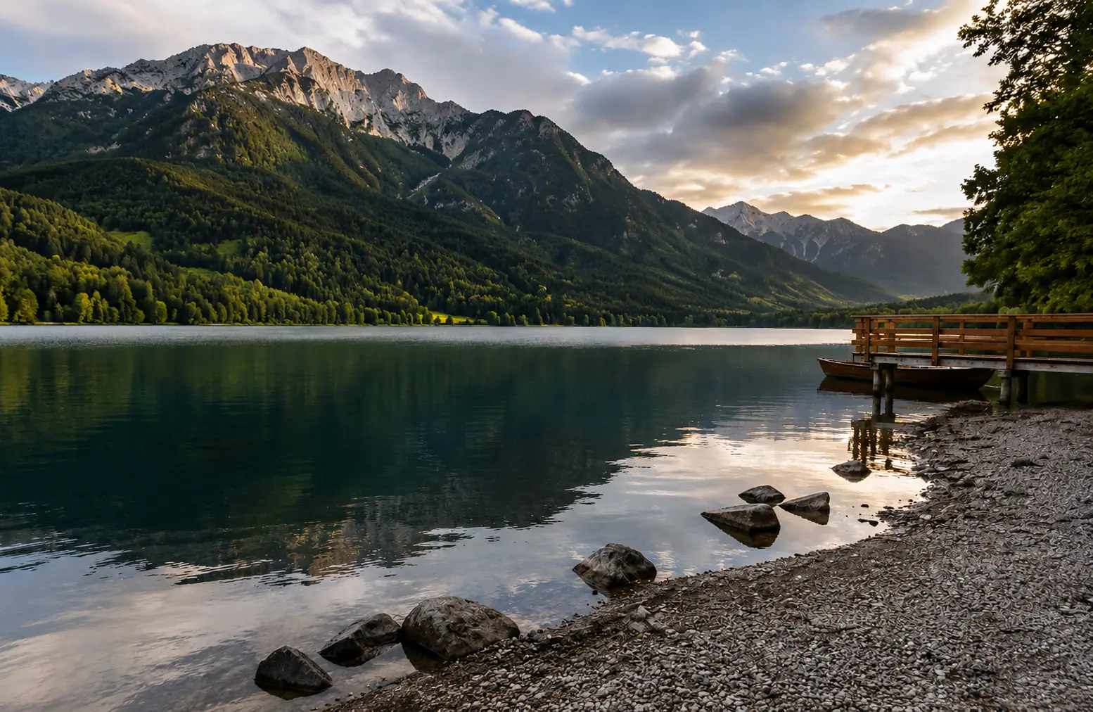 Before-and-after comparison of repeated watermark text removed from a mountain lake image. result