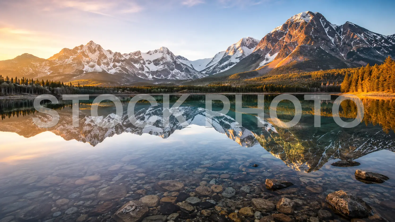 Before-and-after comparison of large stock photo text removed from a mountain lake image.