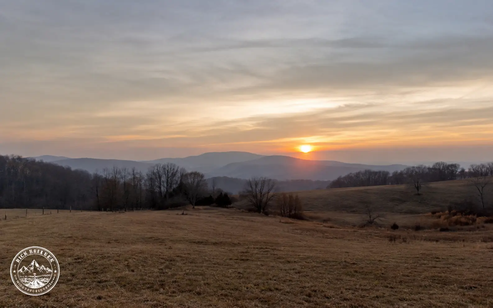 Before-and-after comparison of a circular logo stamp removed from a sunset field photo.