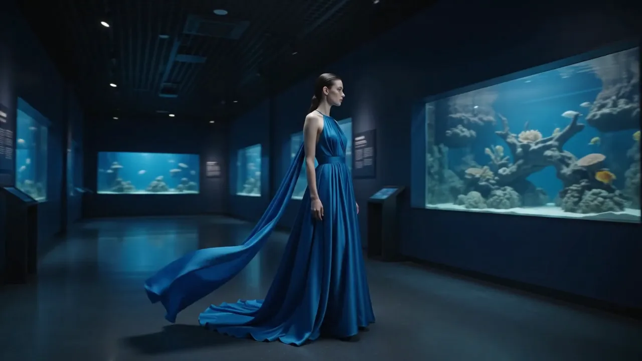 Fashion model inside a blue aquarium gallery with luminous sea life behind her.