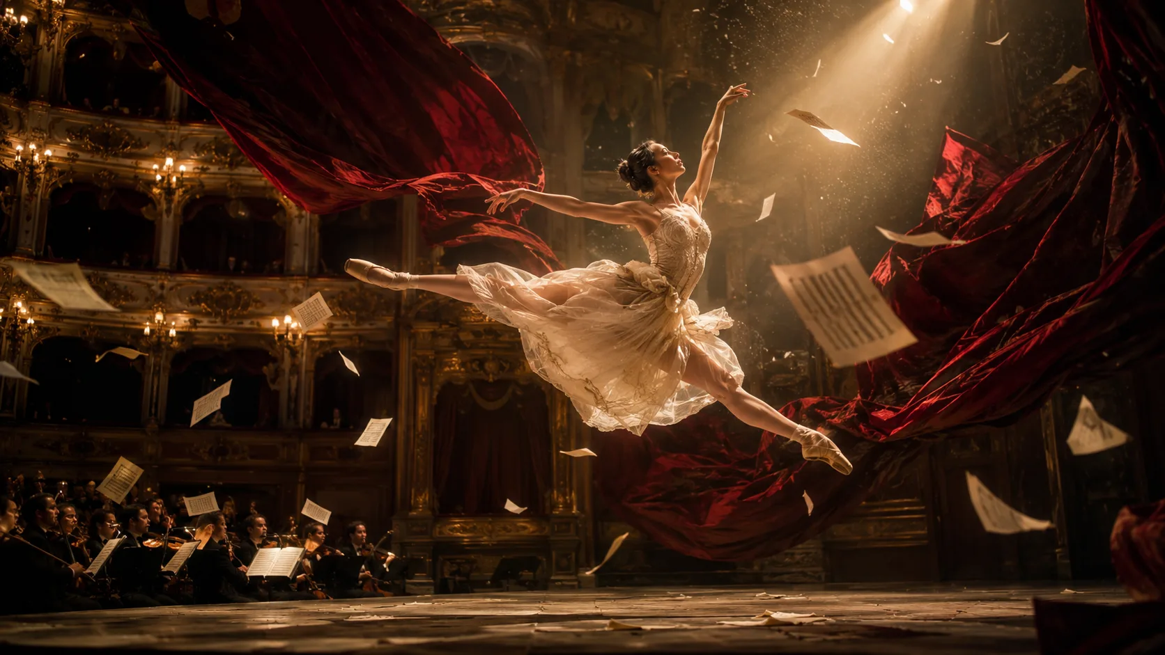 Opera house performance frozen in time with floating sheet music and a dancer suspended mid-leap.