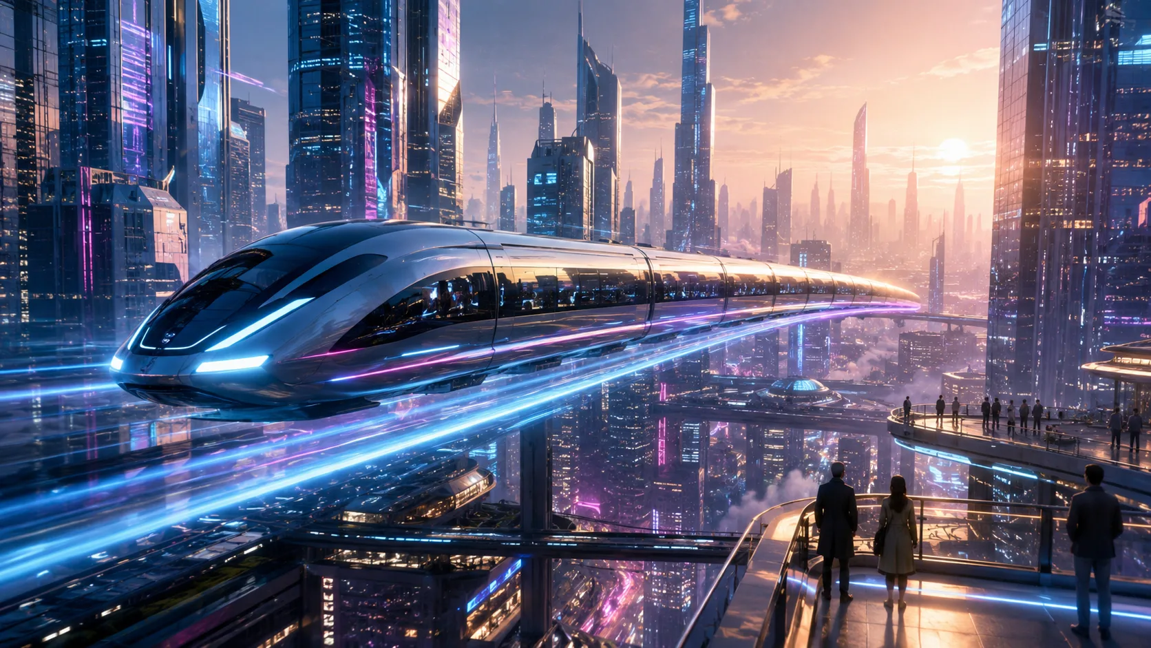 Futuristic maglev train curving through a neon city at dawn.