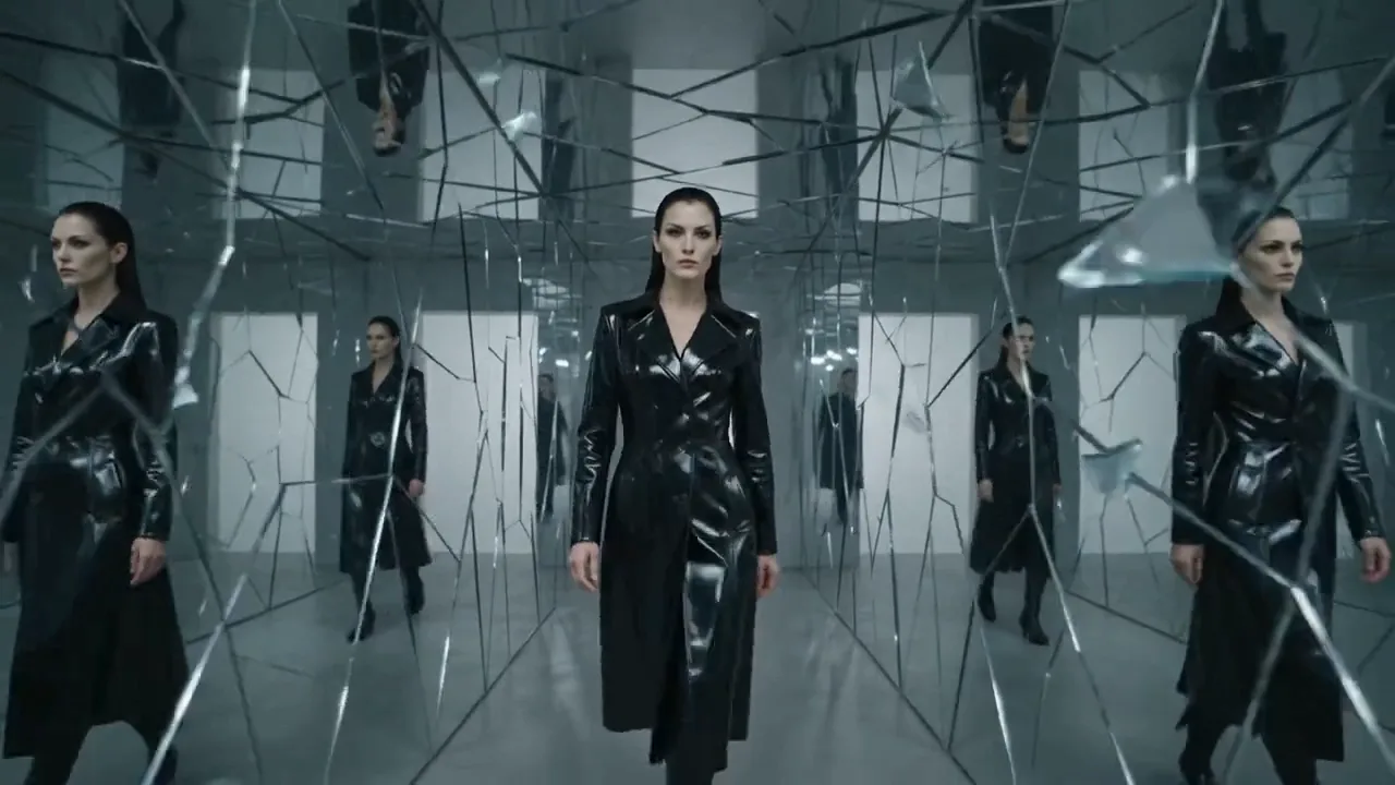 Female assassin standing in a fractured mirror hallway with floating glass shards.