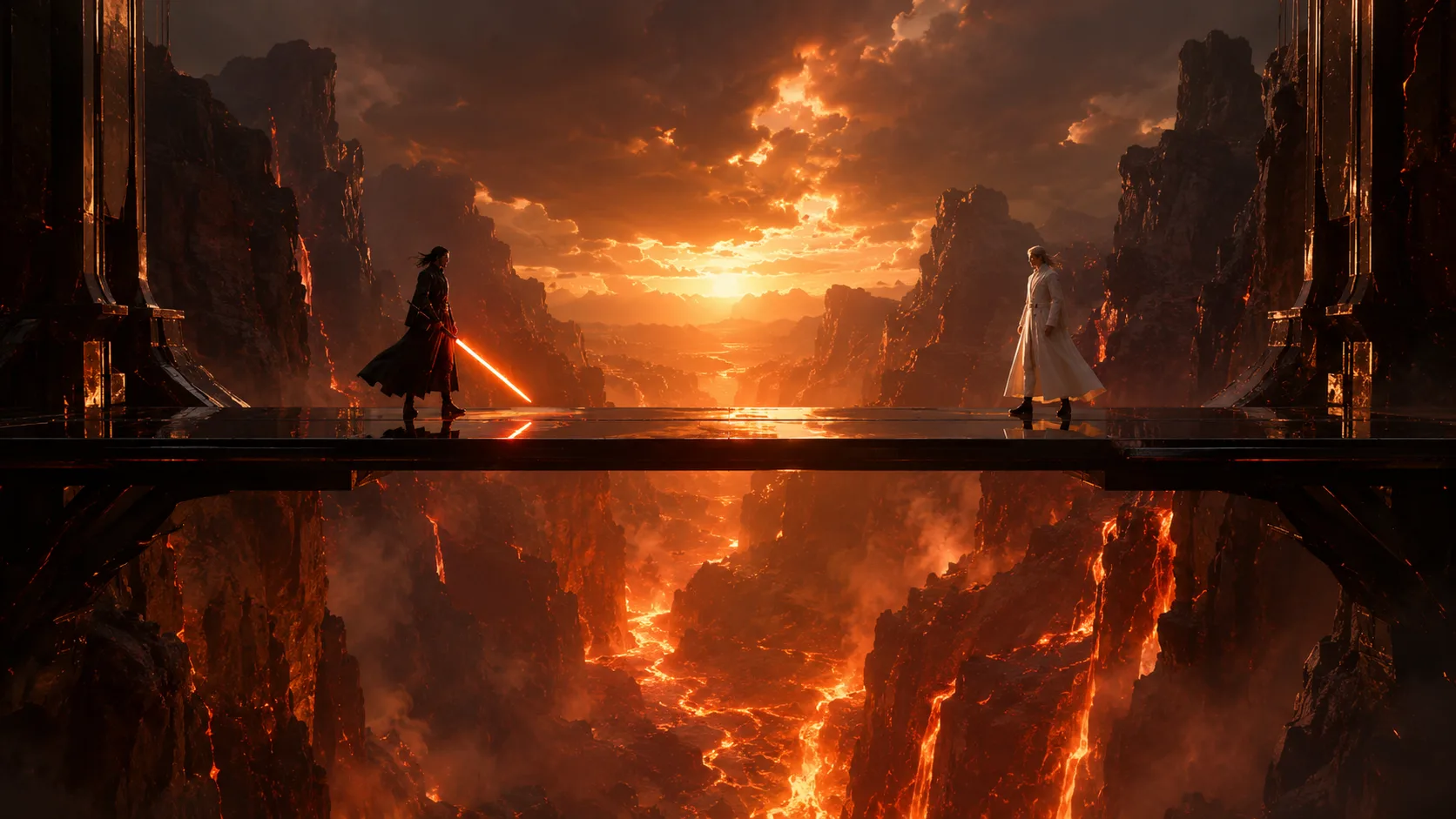 Two figures facing each other on a black glass bridge above a glowing volcanic canyon.