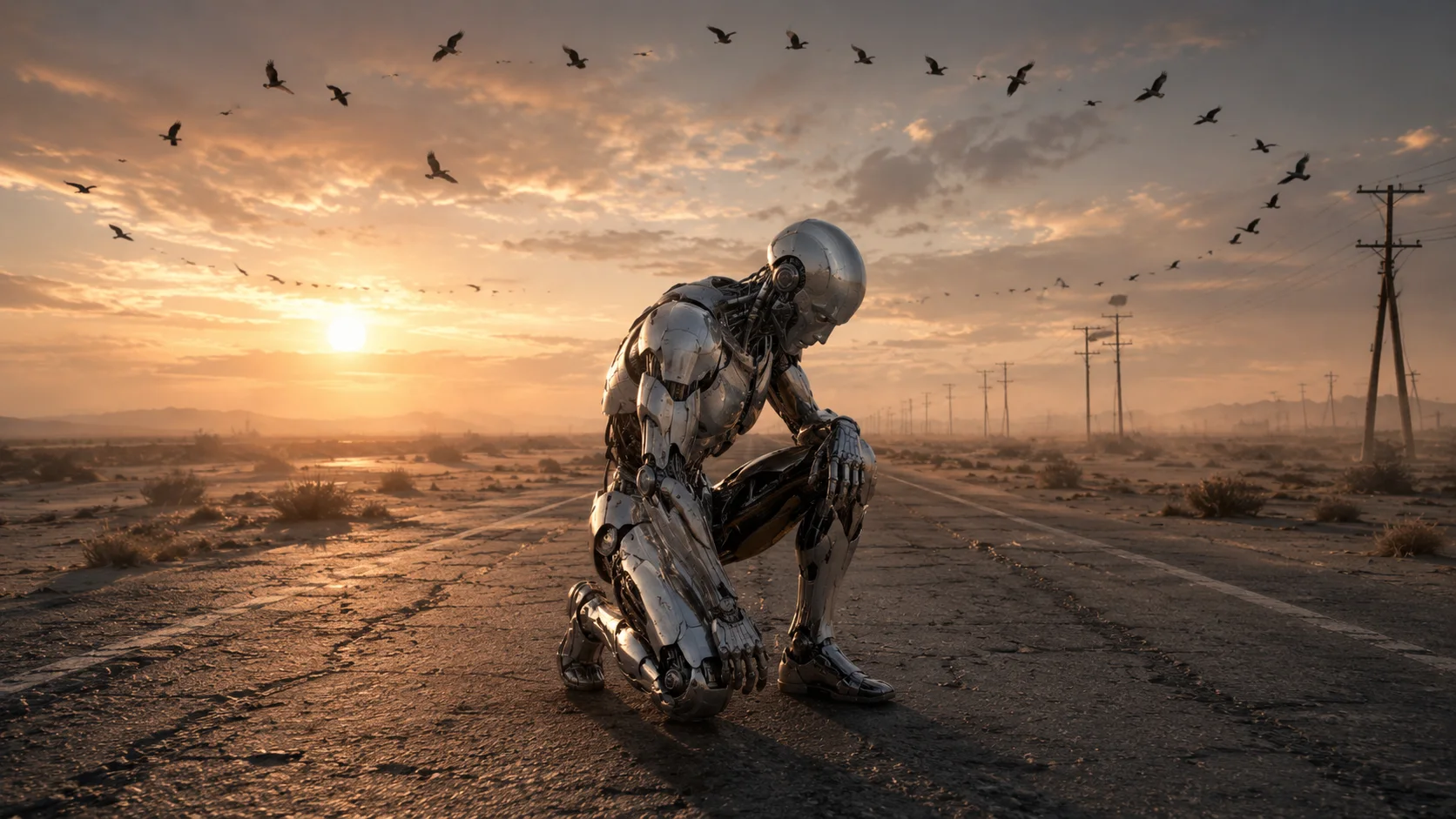 Silver android kneeling on a cracked desert highway at sunrise with birds overhead.