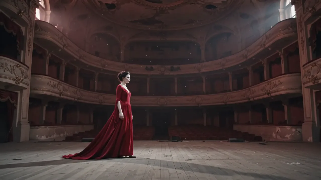 Woman in a crimson dress standing in an abandoned opera house during a lunar eclipse.