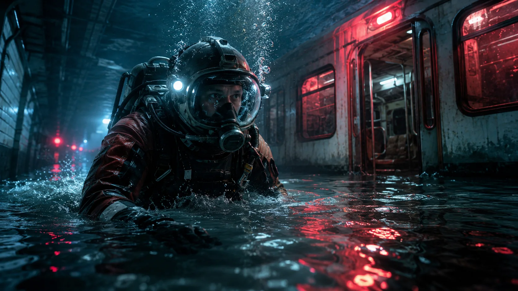 Futuristic rescue diver inside a flooded subway station with red emergency lights.
