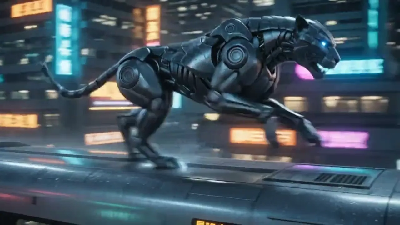 Giant mechanical panther running across a moving bullet train roof at night.