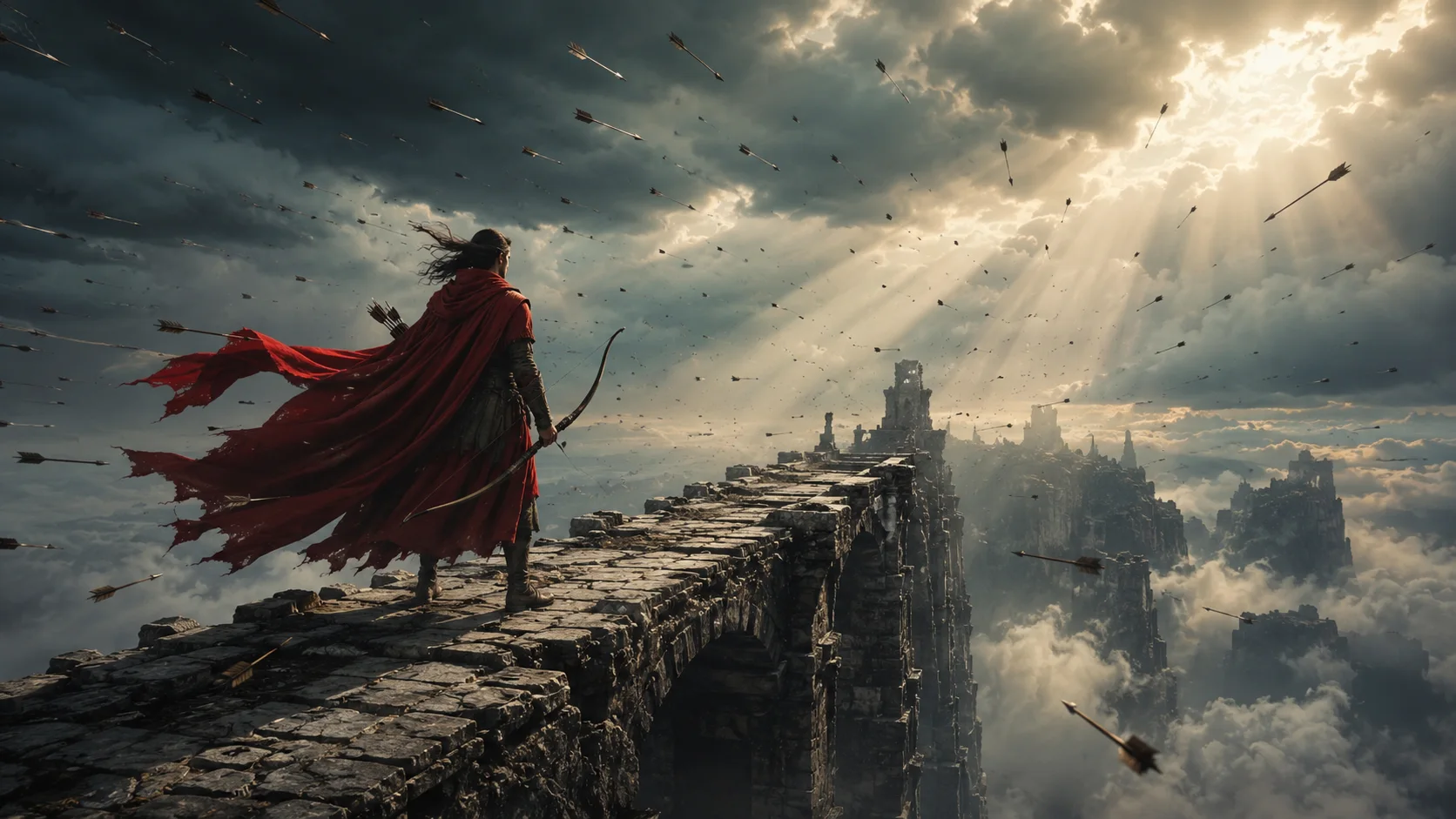 Red-cloaked archer on a broken stone bridge with arrows frozen above a cloud canyon.