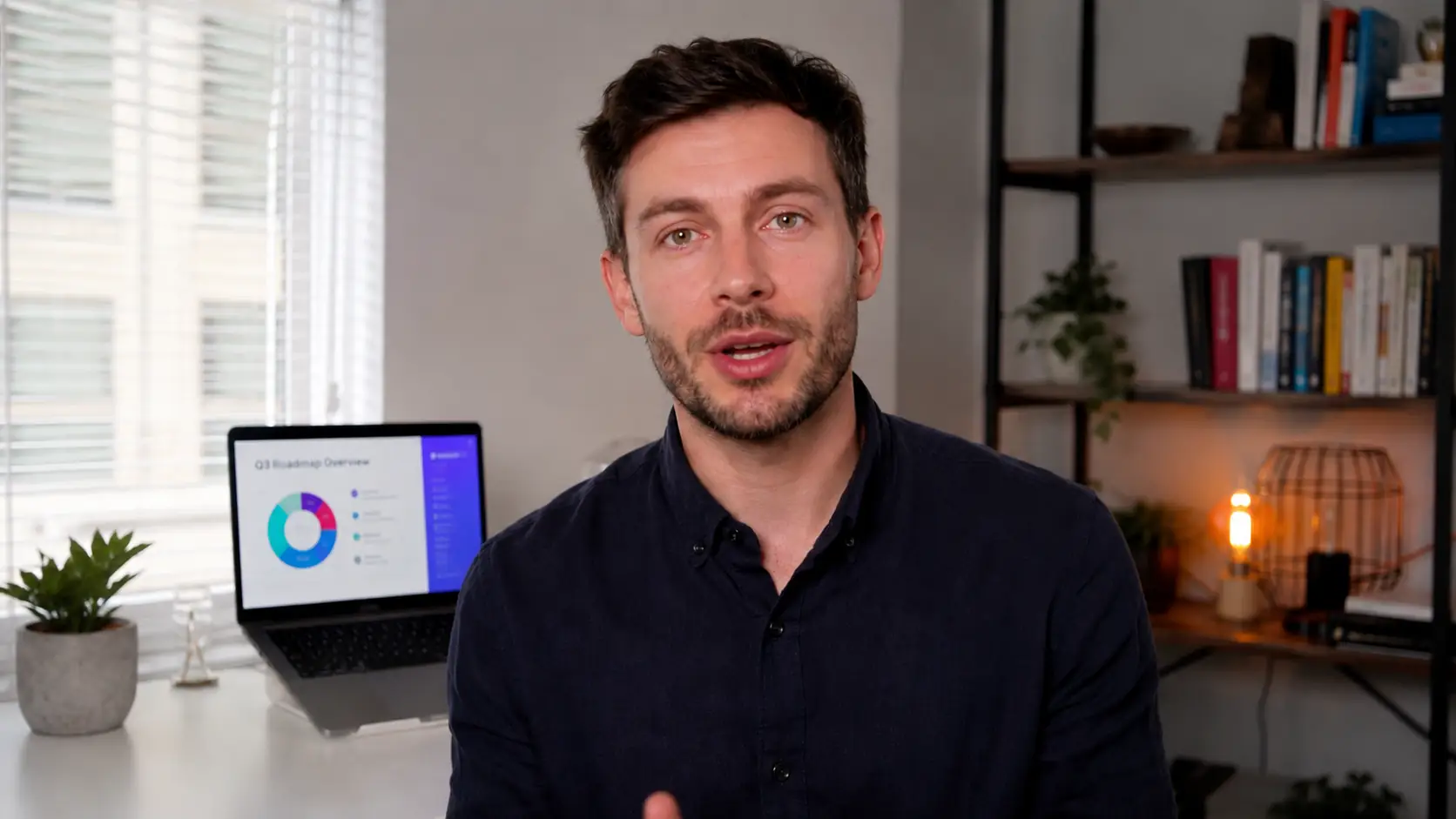 Presenter speaking to camera in an explainer video prepared for lip sync dubbing.