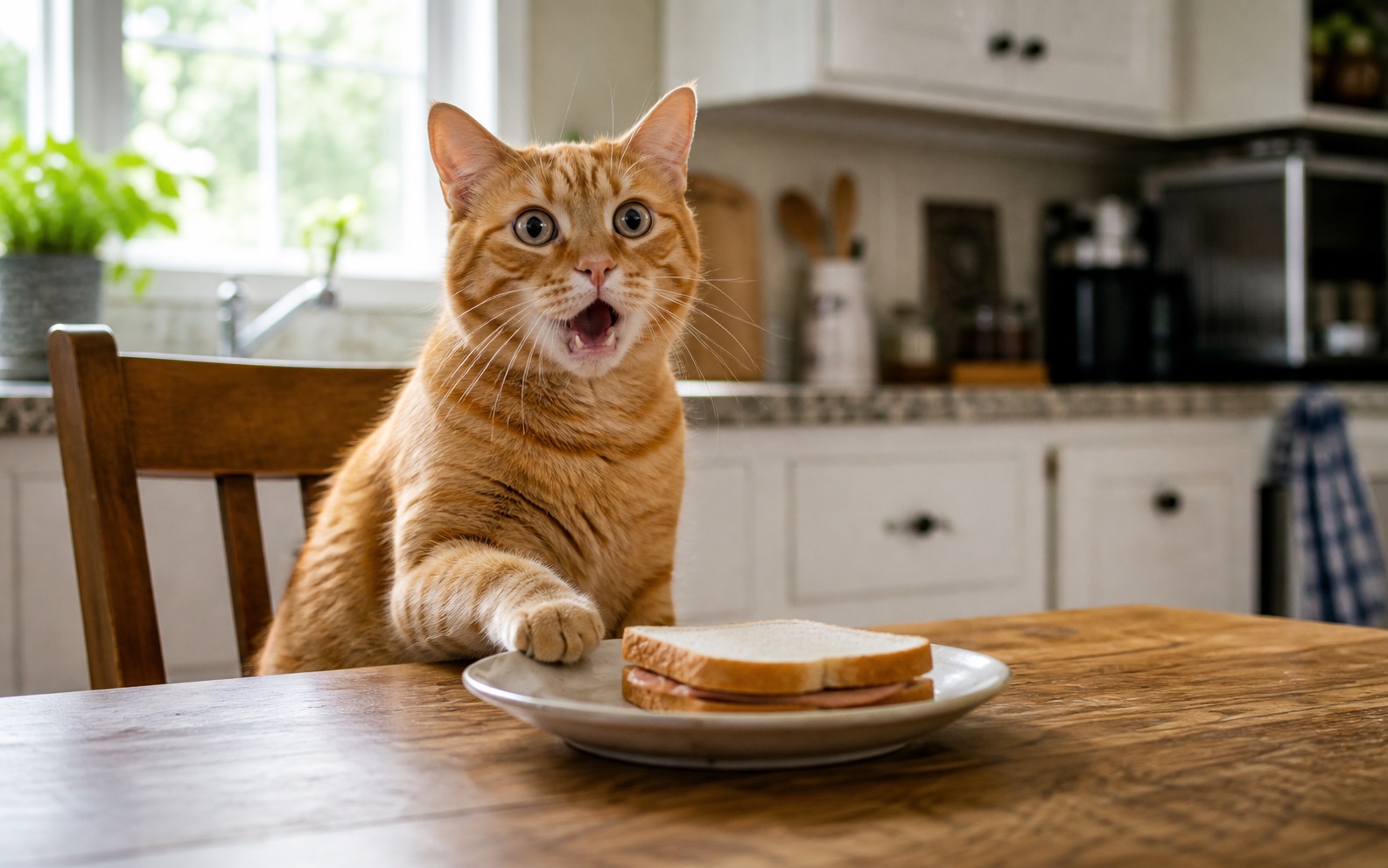 A clear surprised orange cat beside a sandwich compared with the same photo after strong blur.