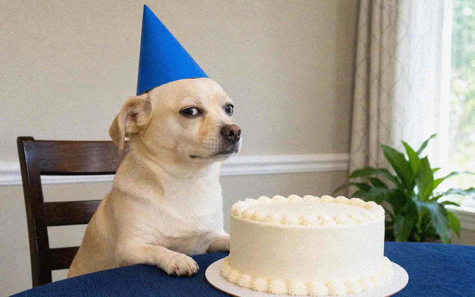 A clear skeptical dog in a party hat compared with the same photo after noise and JPEG compression. result