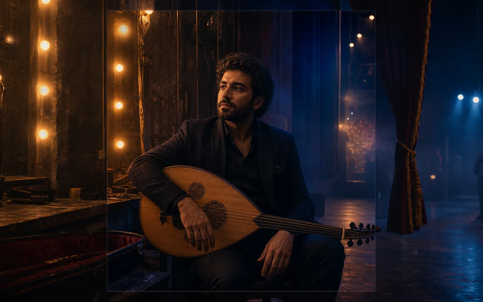 Square movie poster concept featuring a fictional musician backstage.