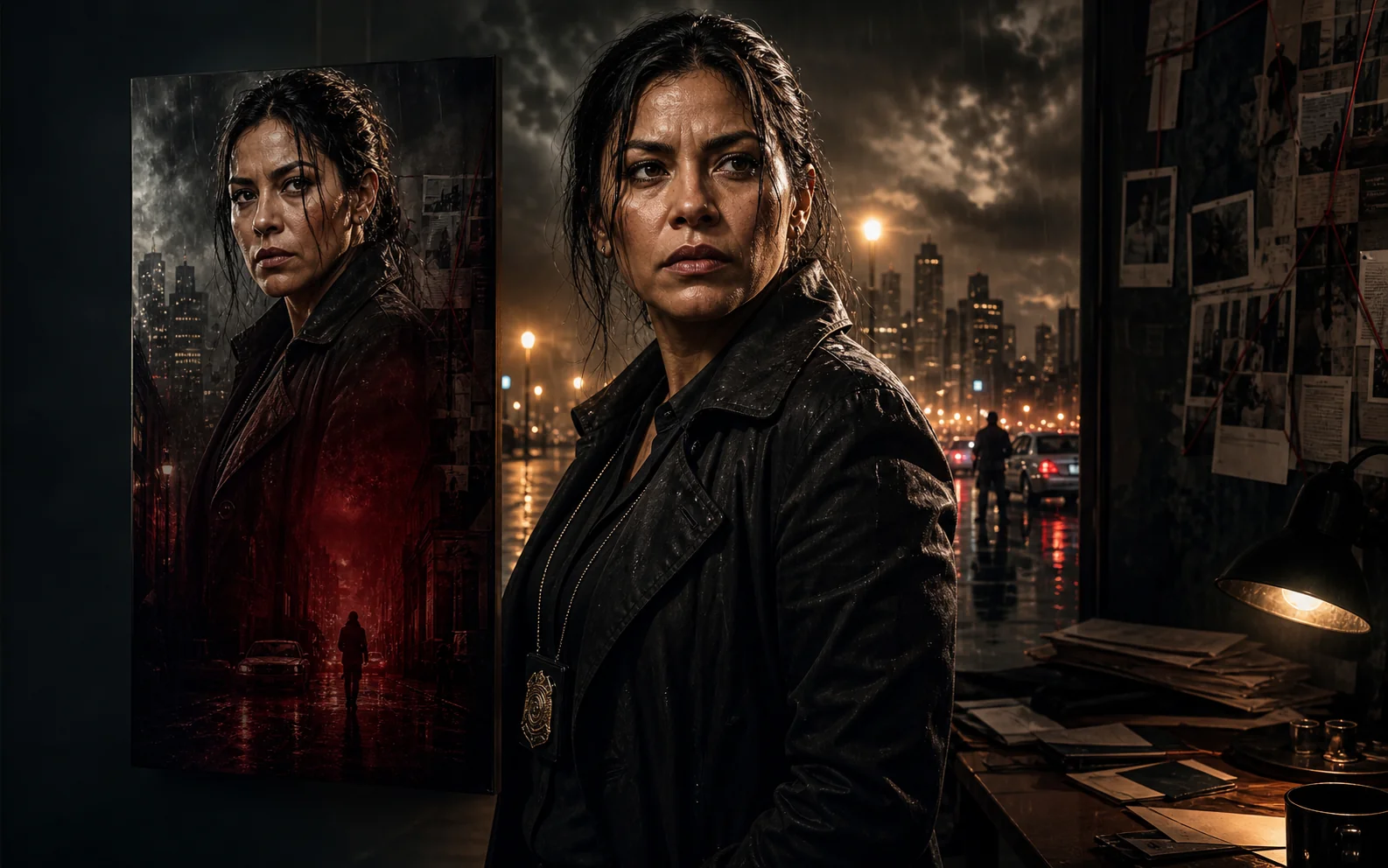 Crime thriller movie poster concept featuring a fictional detective in a rainy city.