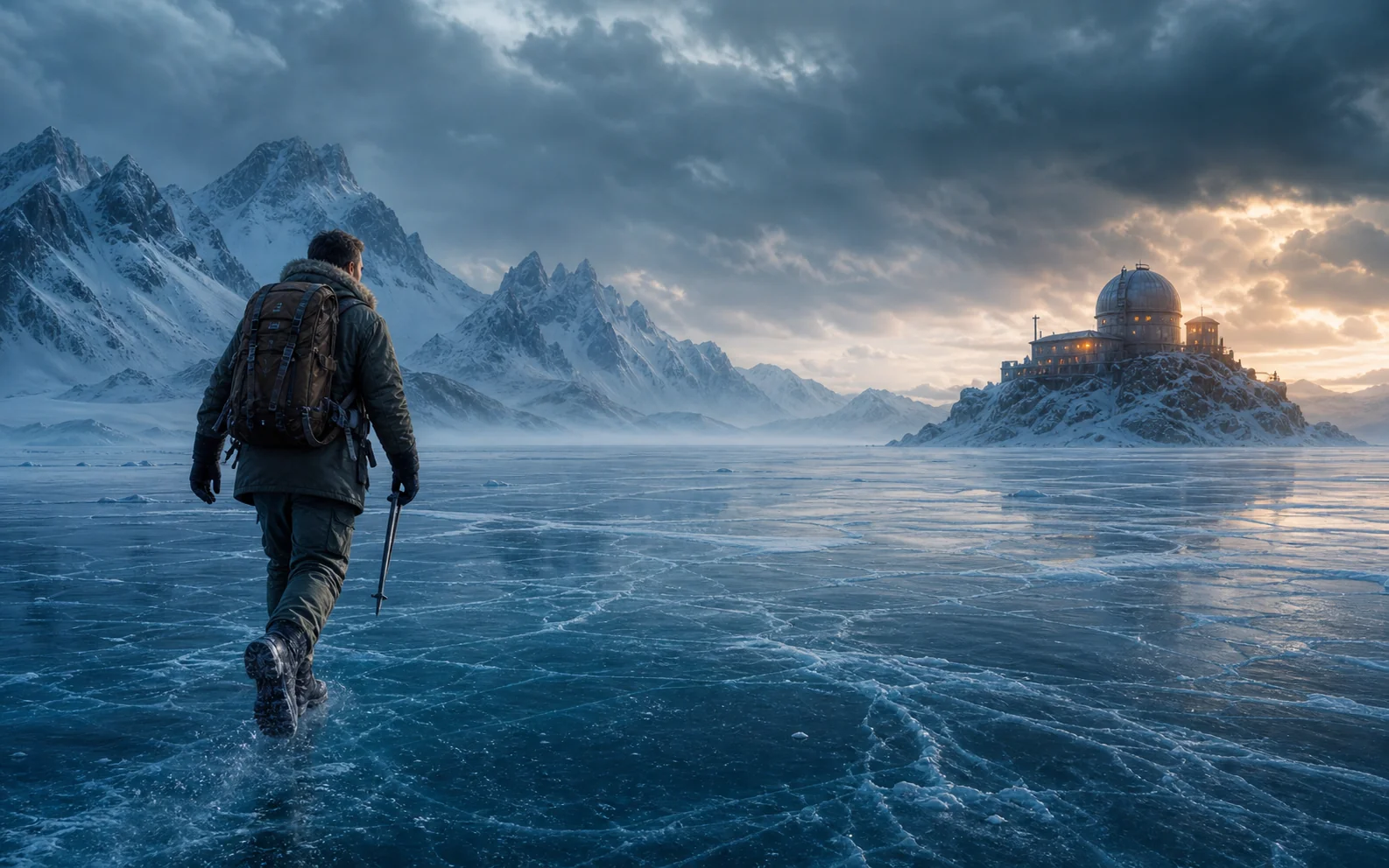 Action-style cinematic scene featuring an explorer crossing a frozen lake toward an observatory.