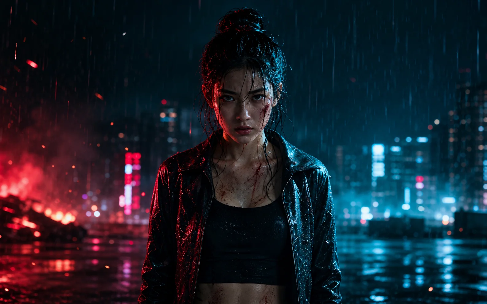 Cinematic action poster featuring a fictional woman standing in a rain-soaked neon city.