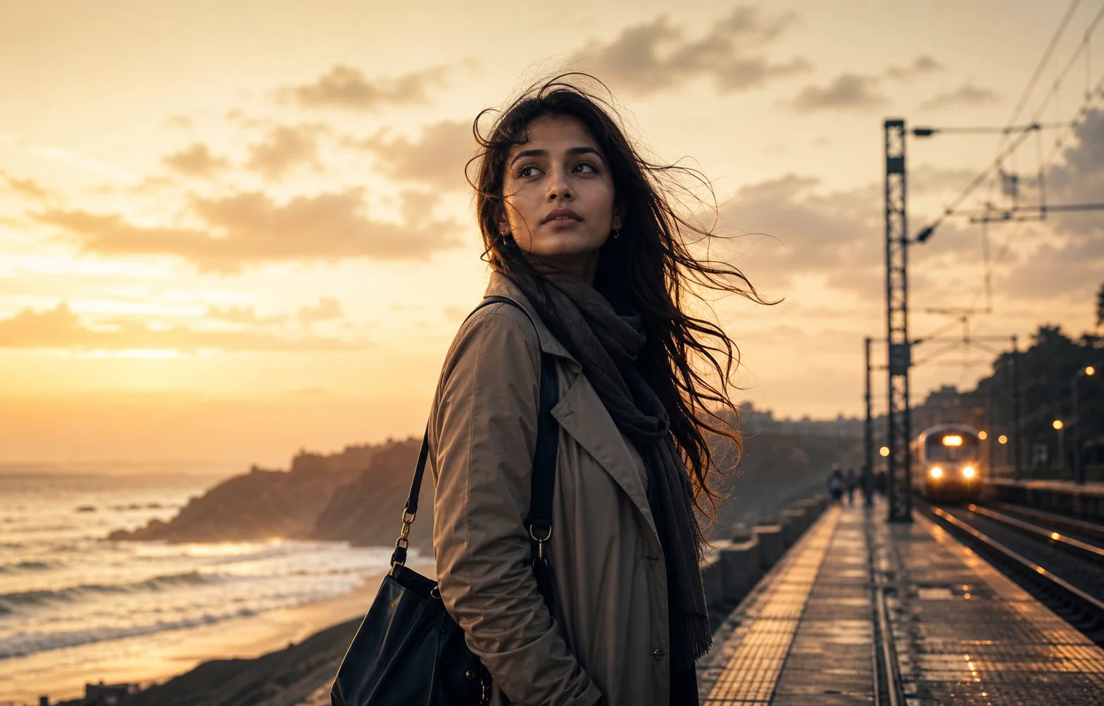 Cinematic romantic drama poster featuring a fictional woman on a coastal train platform at golden hour.