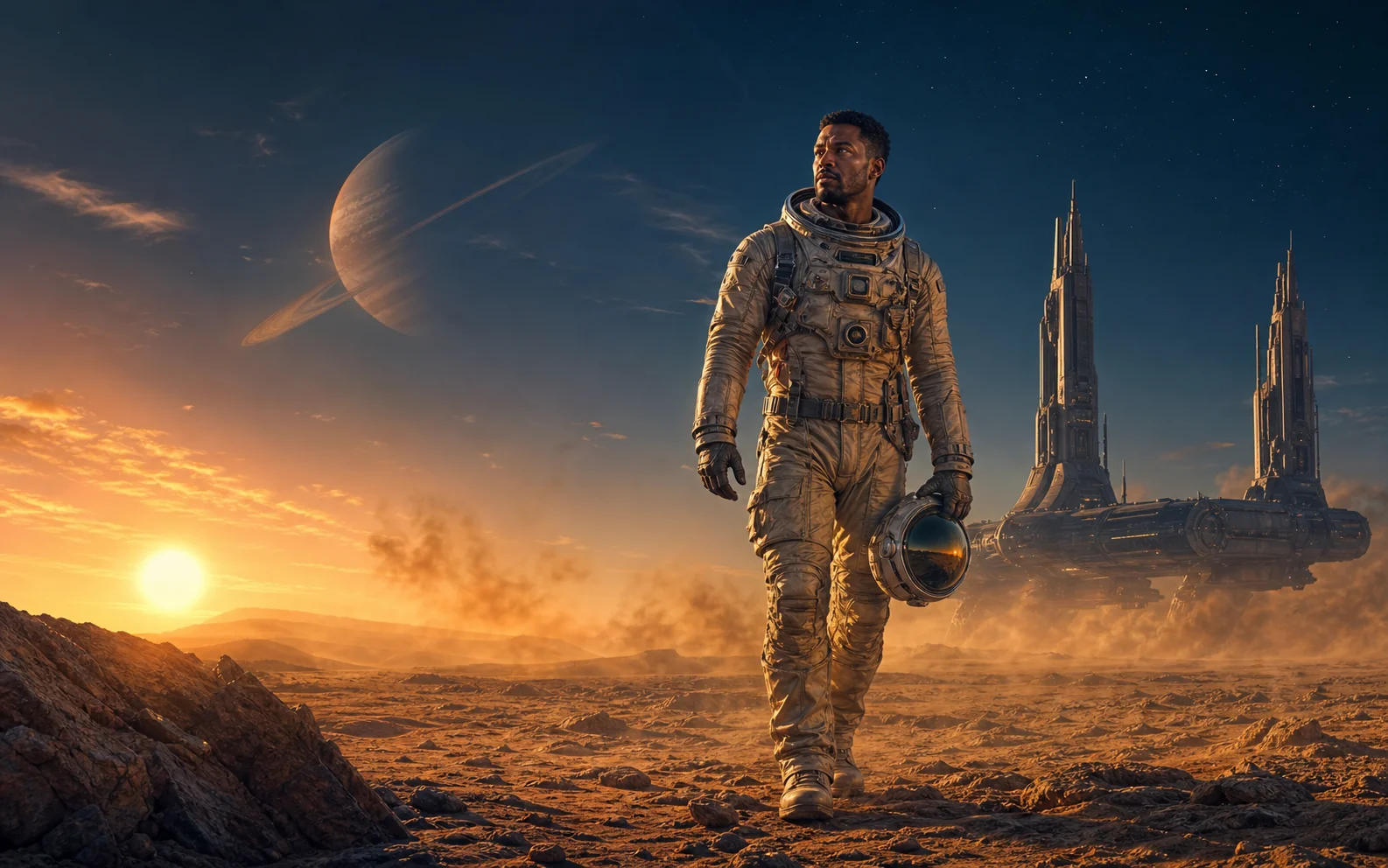 Cinematic science-fiction poster featuring a fictional astronaut crossing an alien desert.