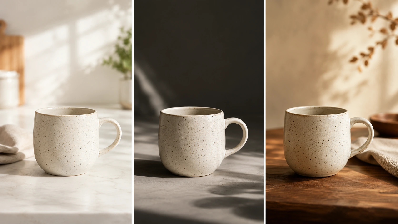 Nano Banana 2 Lite example showing the same ceramic mug in three lighting and setting variations.