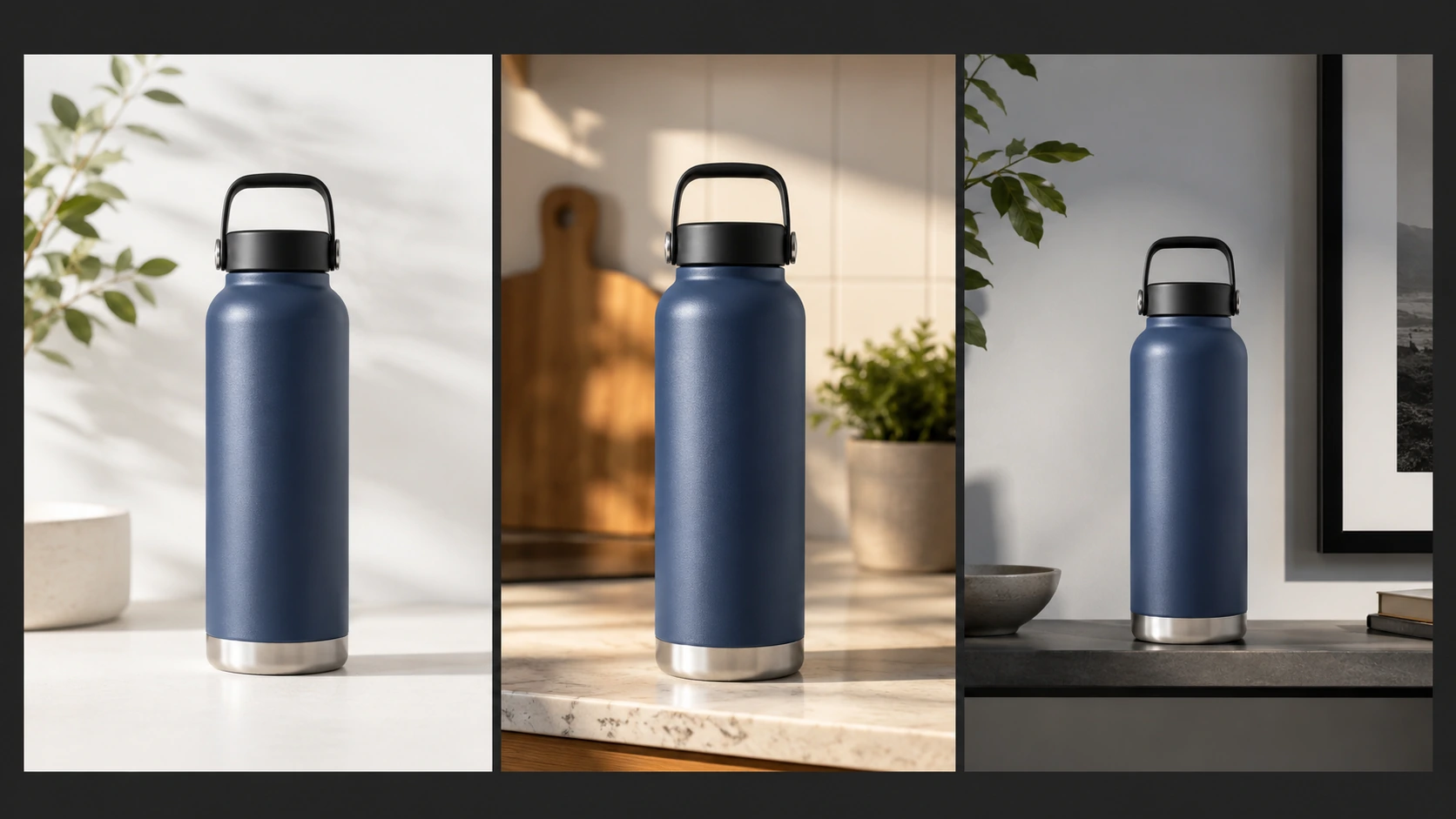 Nano Banana 2 Lite product consistency example with the same blue water bottle preserved across three scenes.