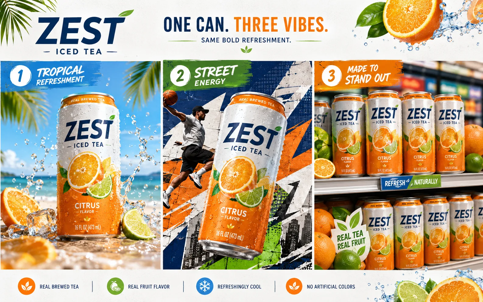 Nano Banana 2 campaign direction board showing three vivid iced tea brand concepts.