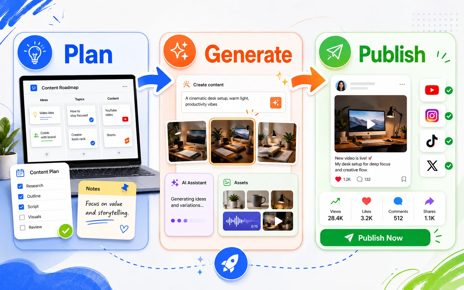 Nano Banana 2 workflow infographic example with plan, generate, and publish panels.