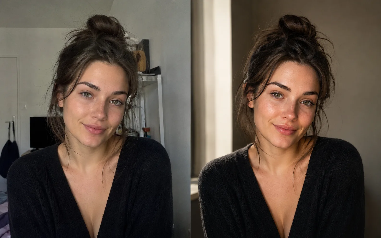 Nano Banana 2 before-and-after portrait editing example that preserves the same face and expression.