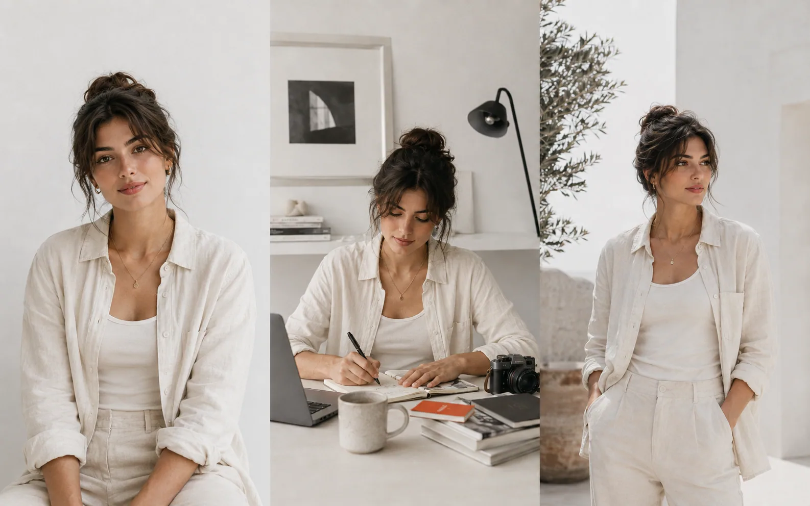 Three coordinated lifestyle scenes with the same person kept consistent across poses and settings.