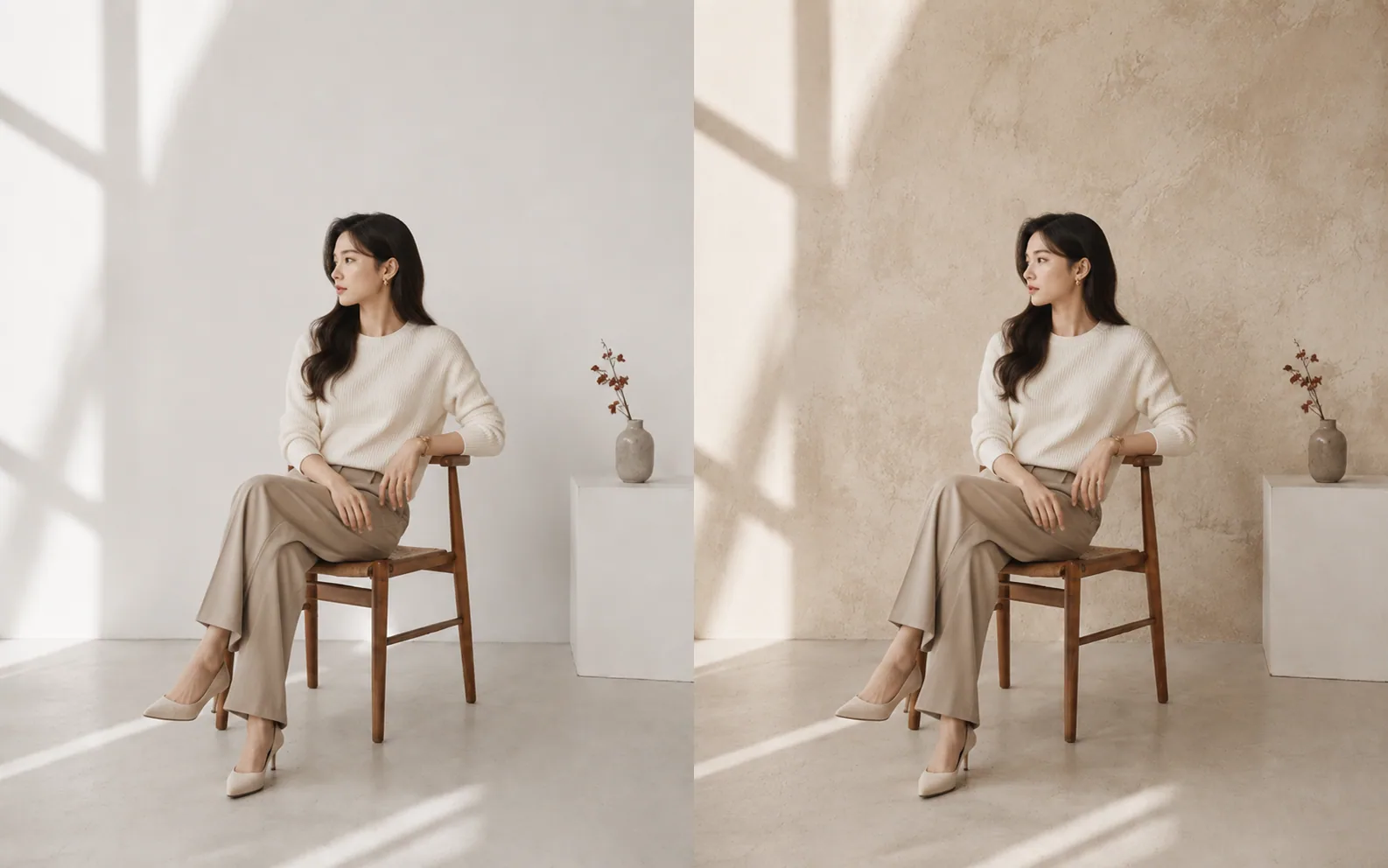 Before and after image showing the same seated subject with a changed wall texture and lighting.