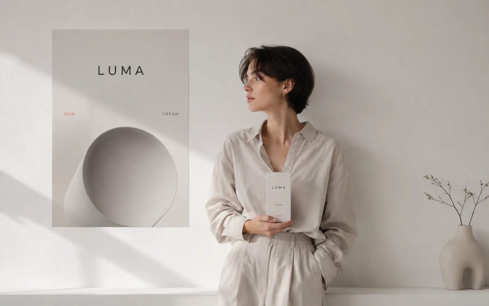 Minimal skincare campaign scene with readable poster and package text.