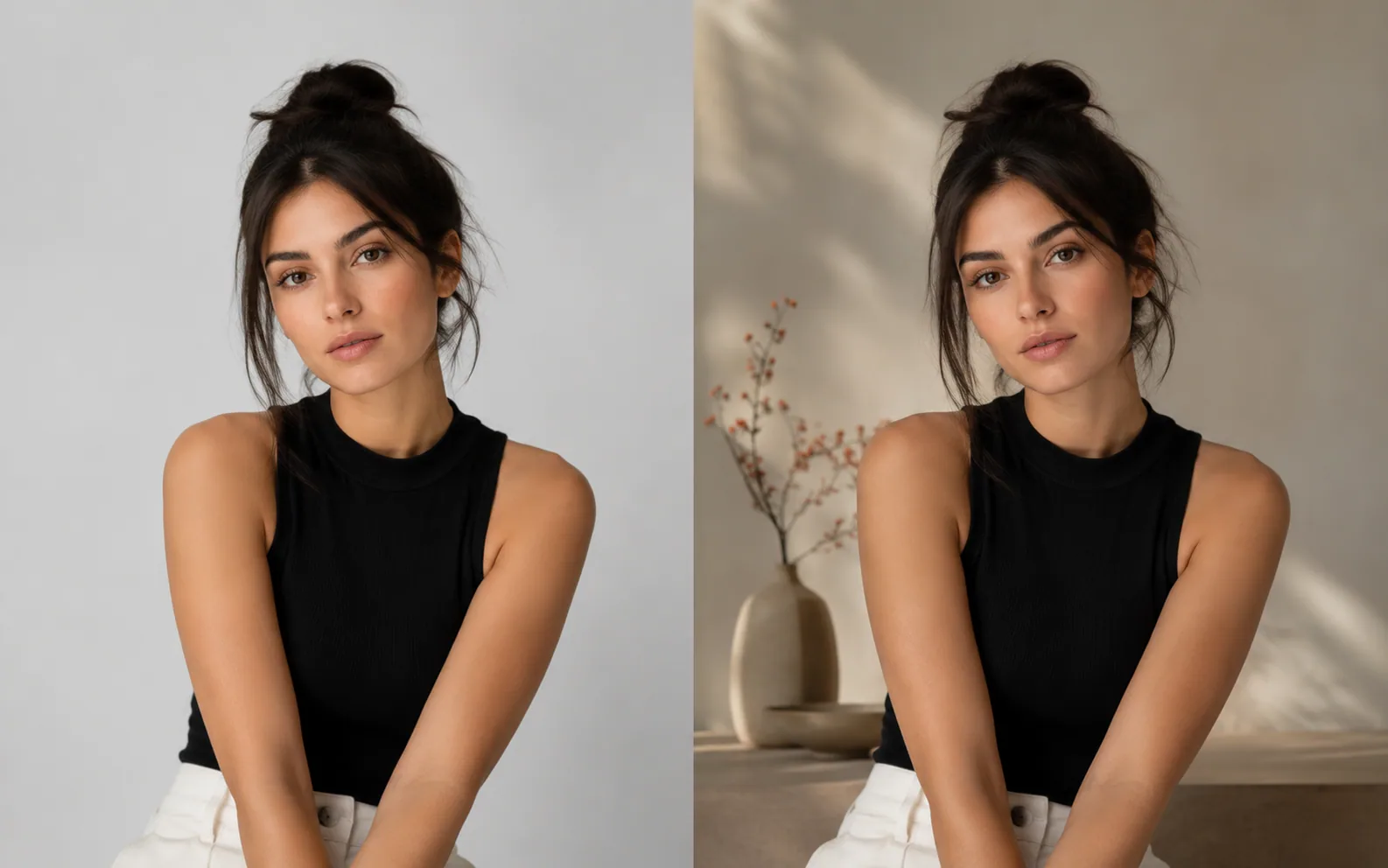 Before and after portrait showing a plain background changed into a warm studio scene.
