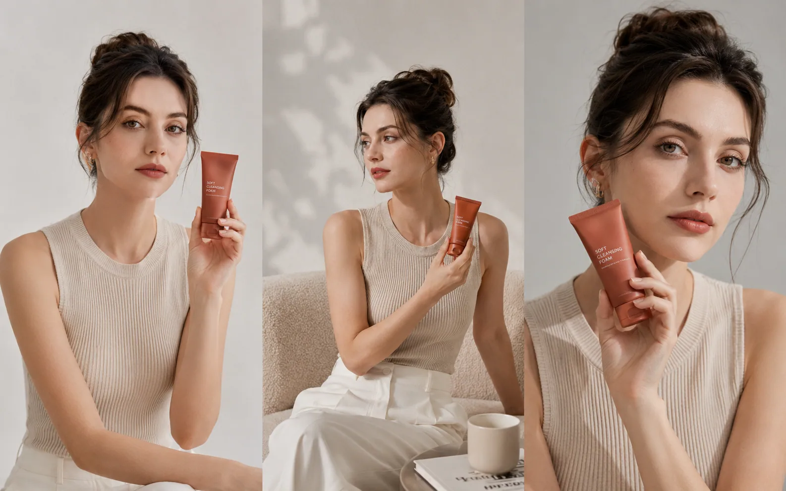 Three product campaign portraits preserving the same person and product across compositions.
