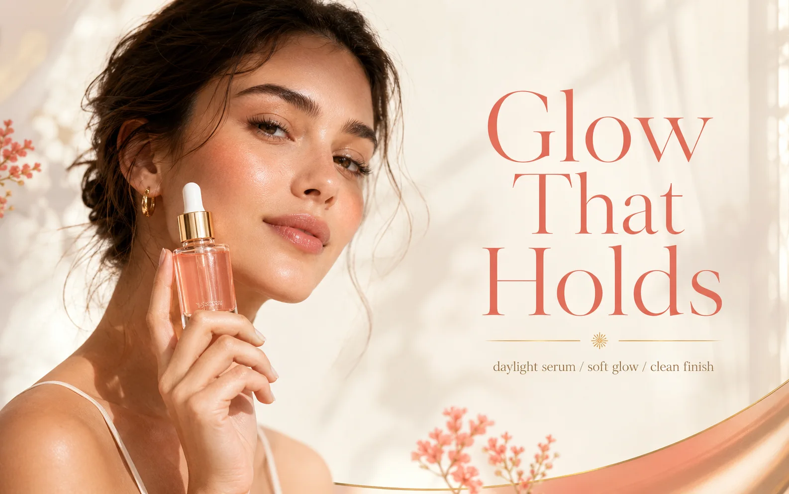 Skincare serum campaign poster with a readable Glow That Holds headline.