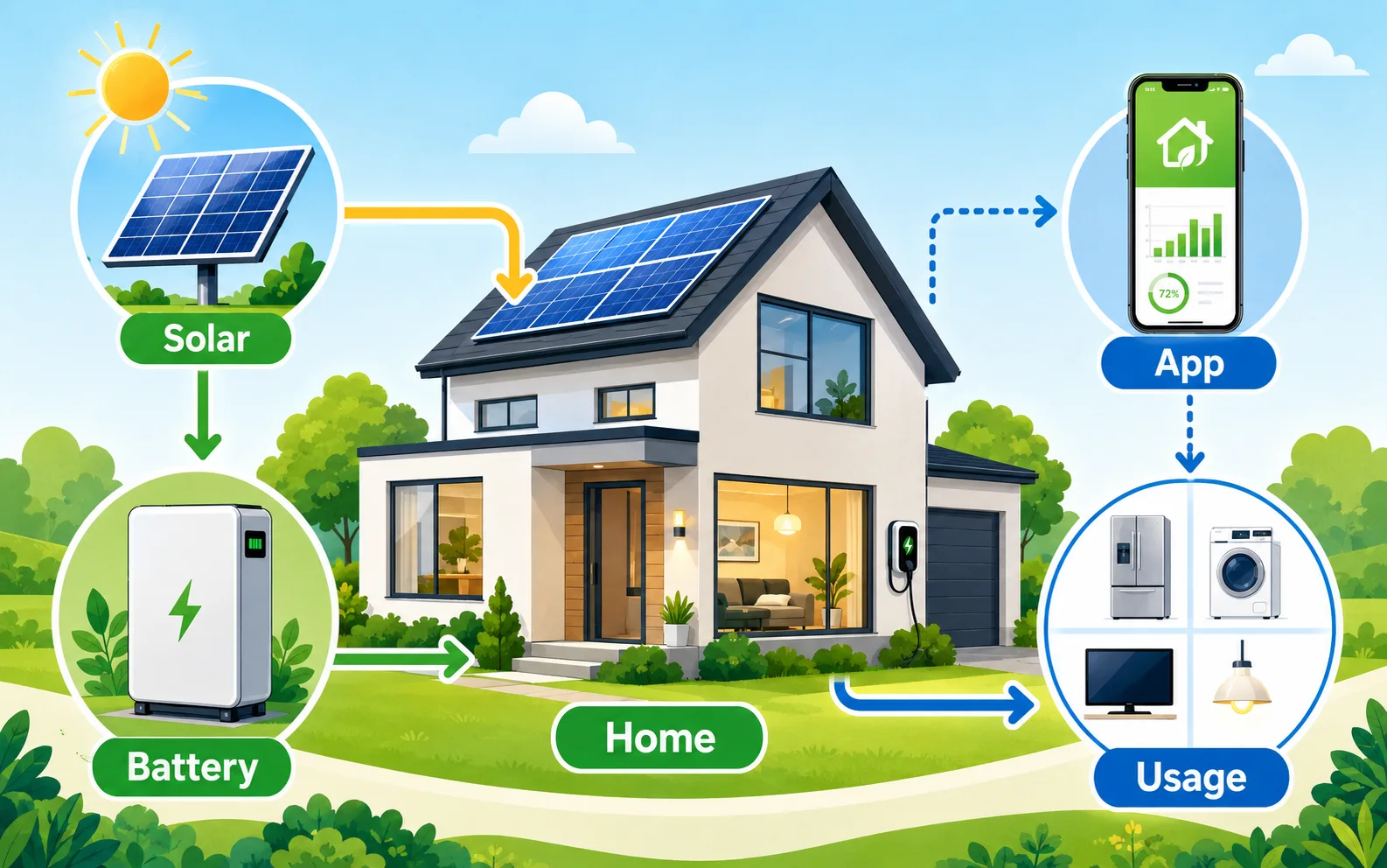 Solar home energy diagram with labeled app, battery, home, and usage sections.